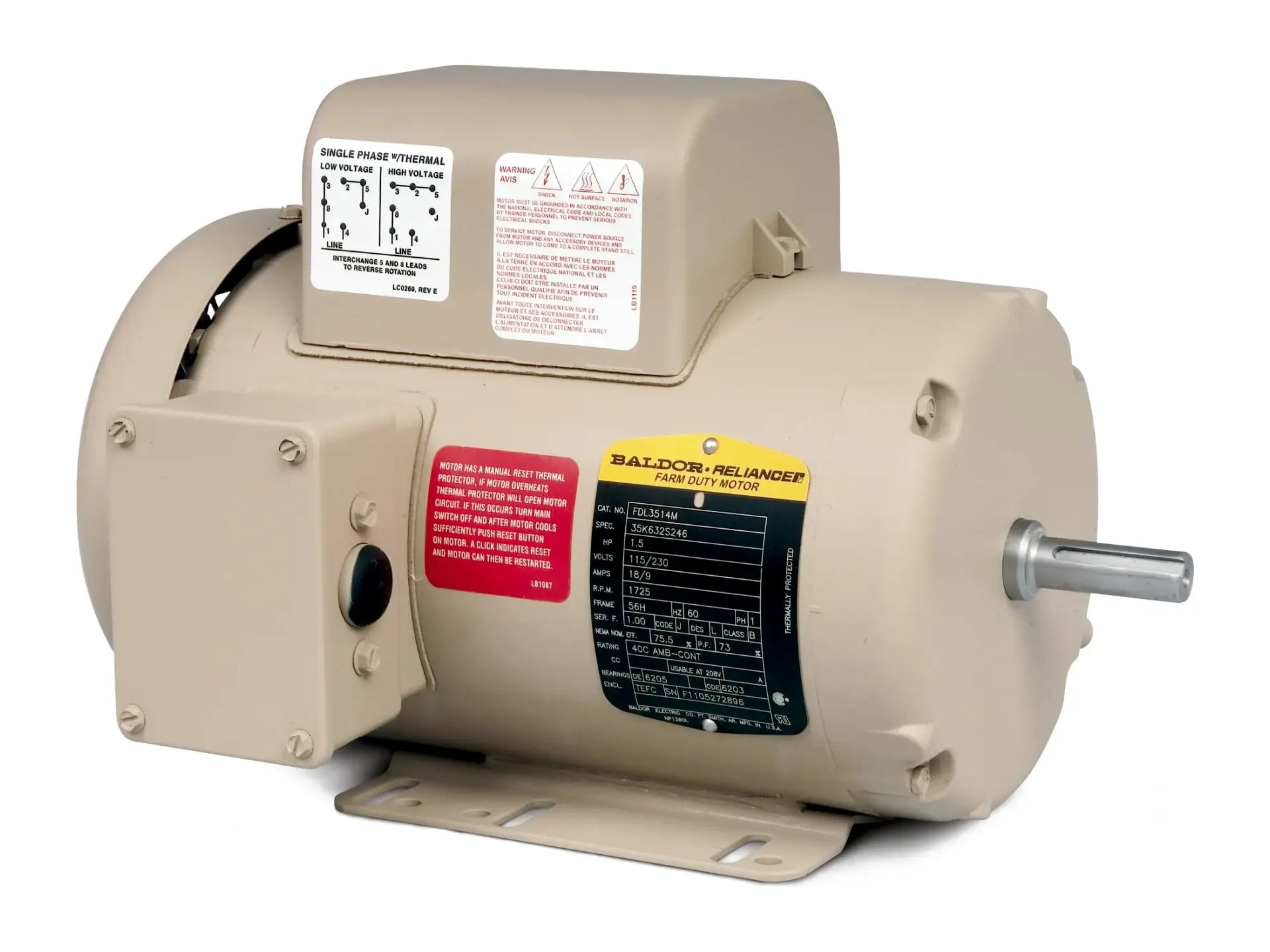 Baldor FDL3514TM, 1.5 HP, 1750 RPM, 1-Phase, 60Hz, 143T Motor