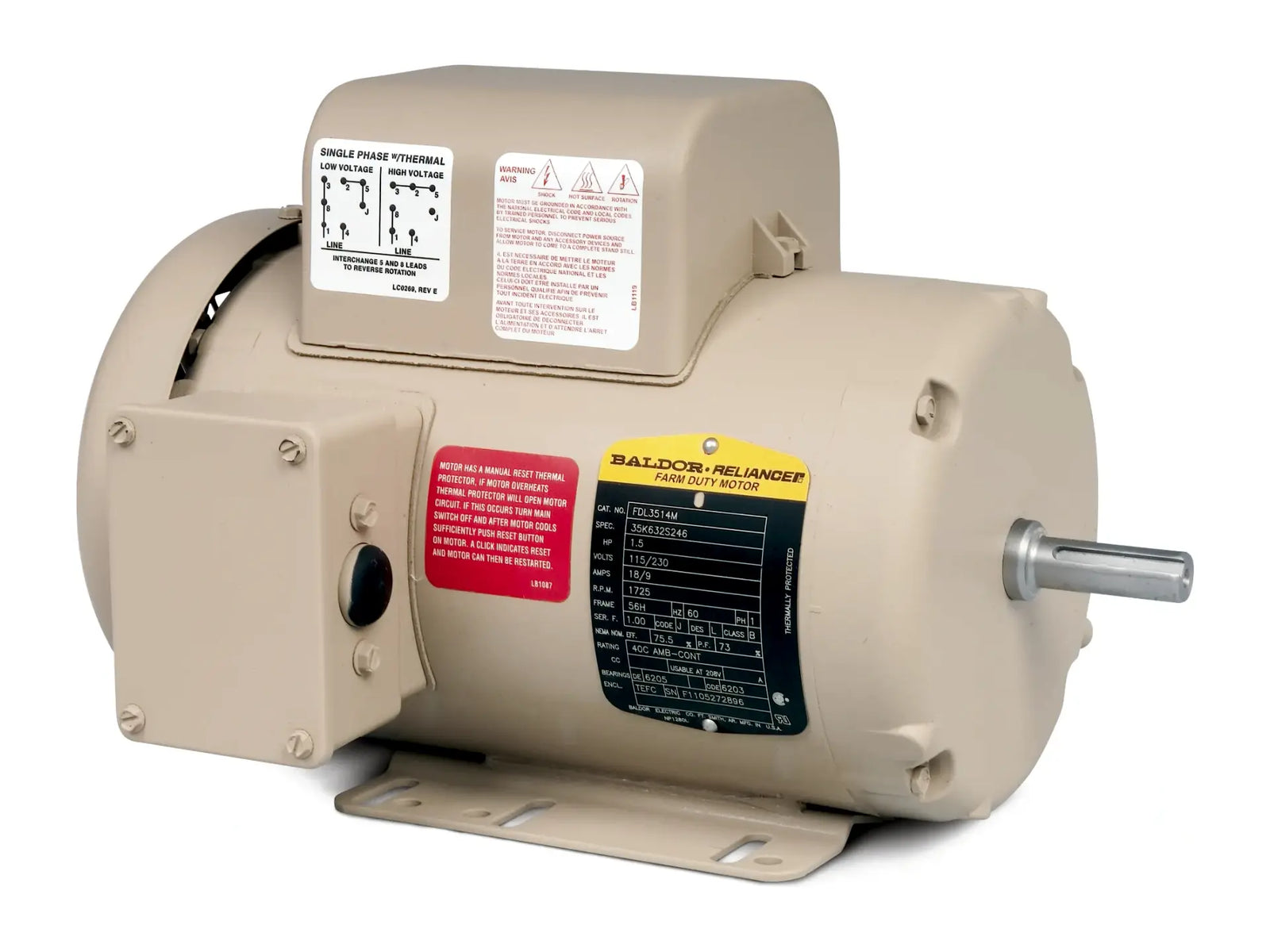 Baldor FDL3611TM, 2HP 1725RPM Single Phase Motor 182T