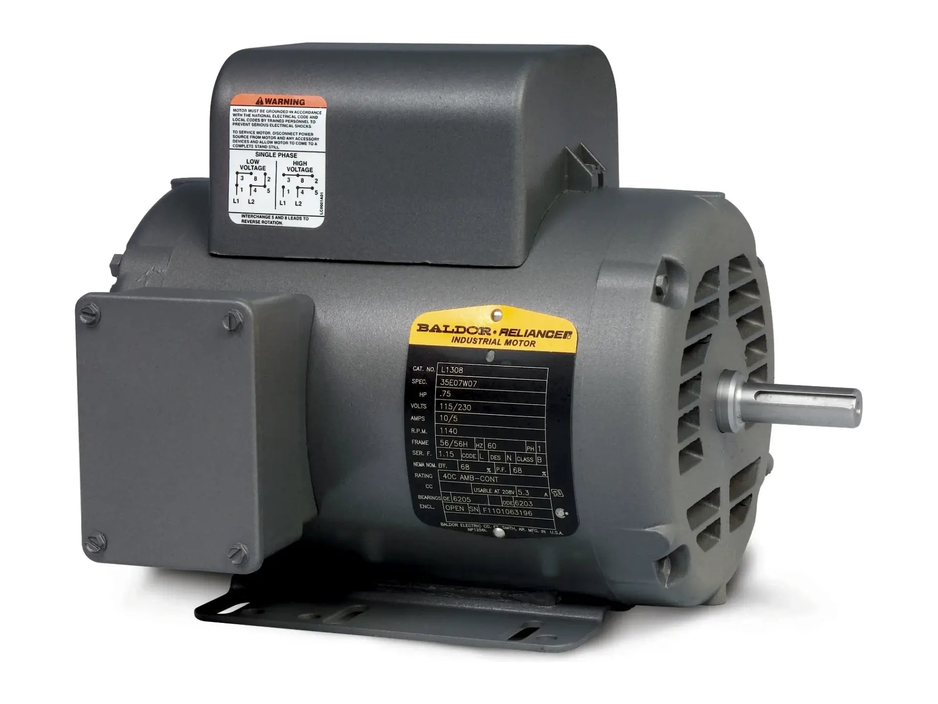 Baldor L1409T, Motor 5 Hp 3450 Rpm 230V Ac Frame 184T