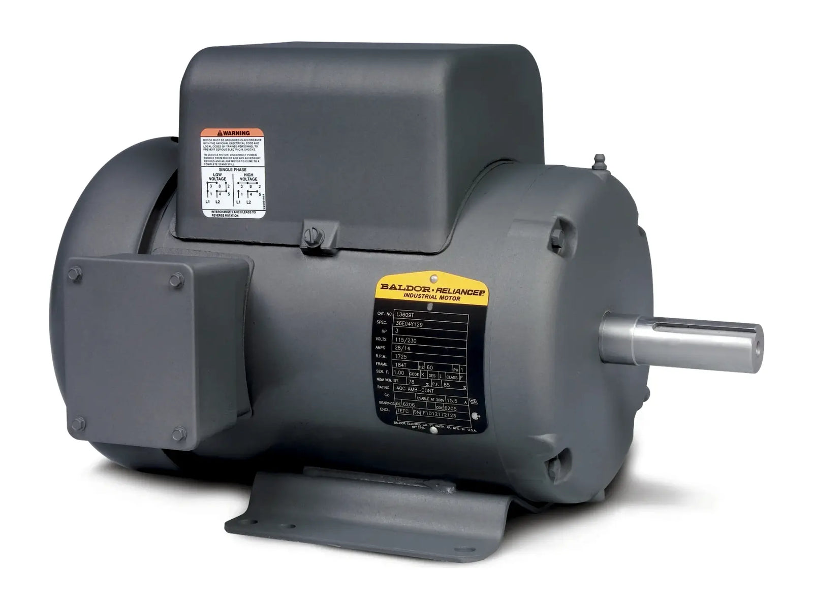 Baldor L3609TM, 3HP 1725RPM 1PH 60HZ Motor Frame Size 184T