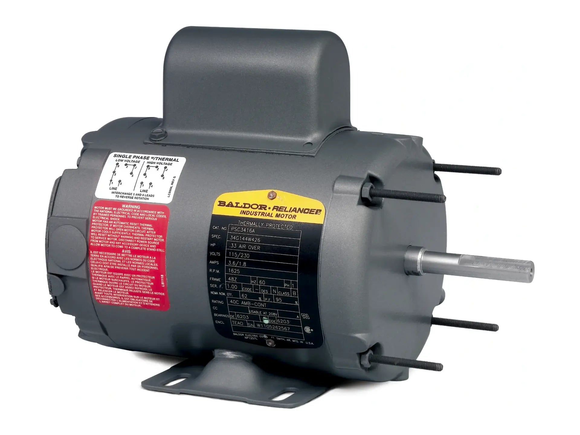 Baldor PSC3413A, 1/4HP Motor 115/230V 1625RPM Frame 48Z