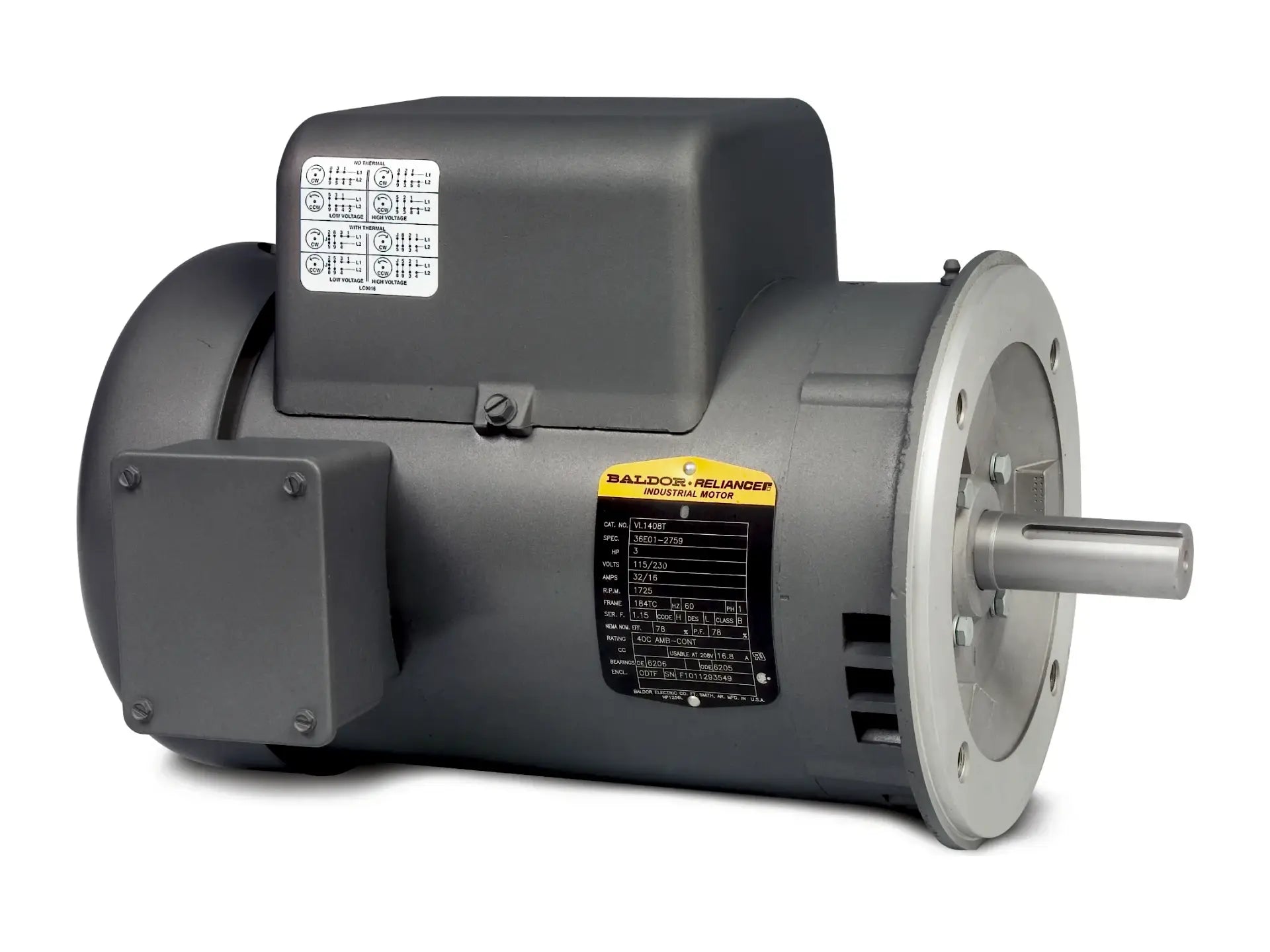 Baldor VL1408T, Motor 3 Hp 1725 Rpm 115/230 V Frame 184 Tc