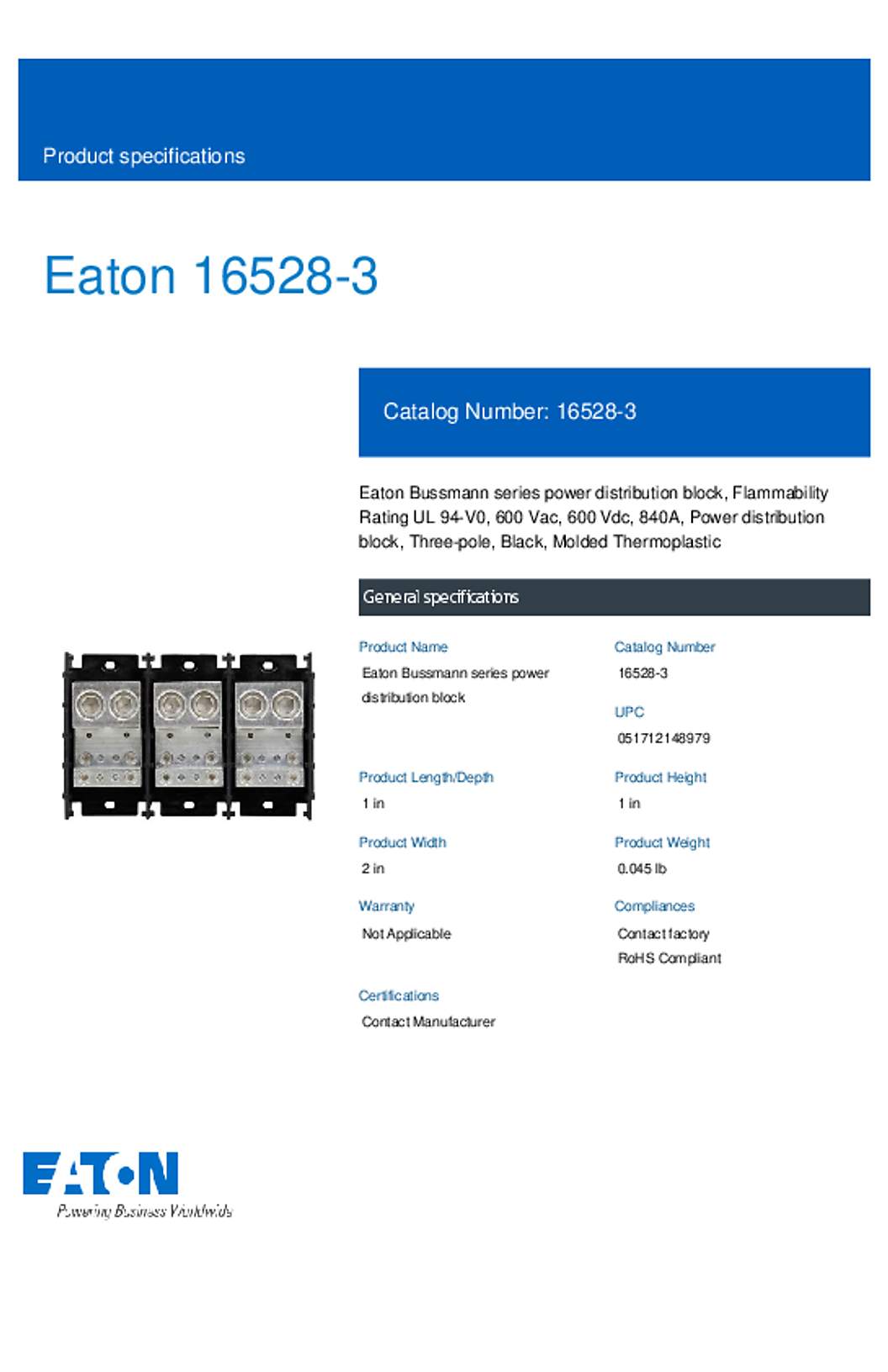 Bussmann 16528-3 Datasheet