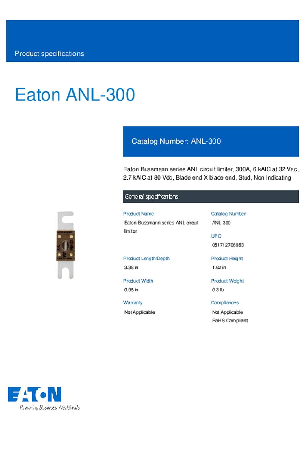 Bussmann ANL-300 Datasheet