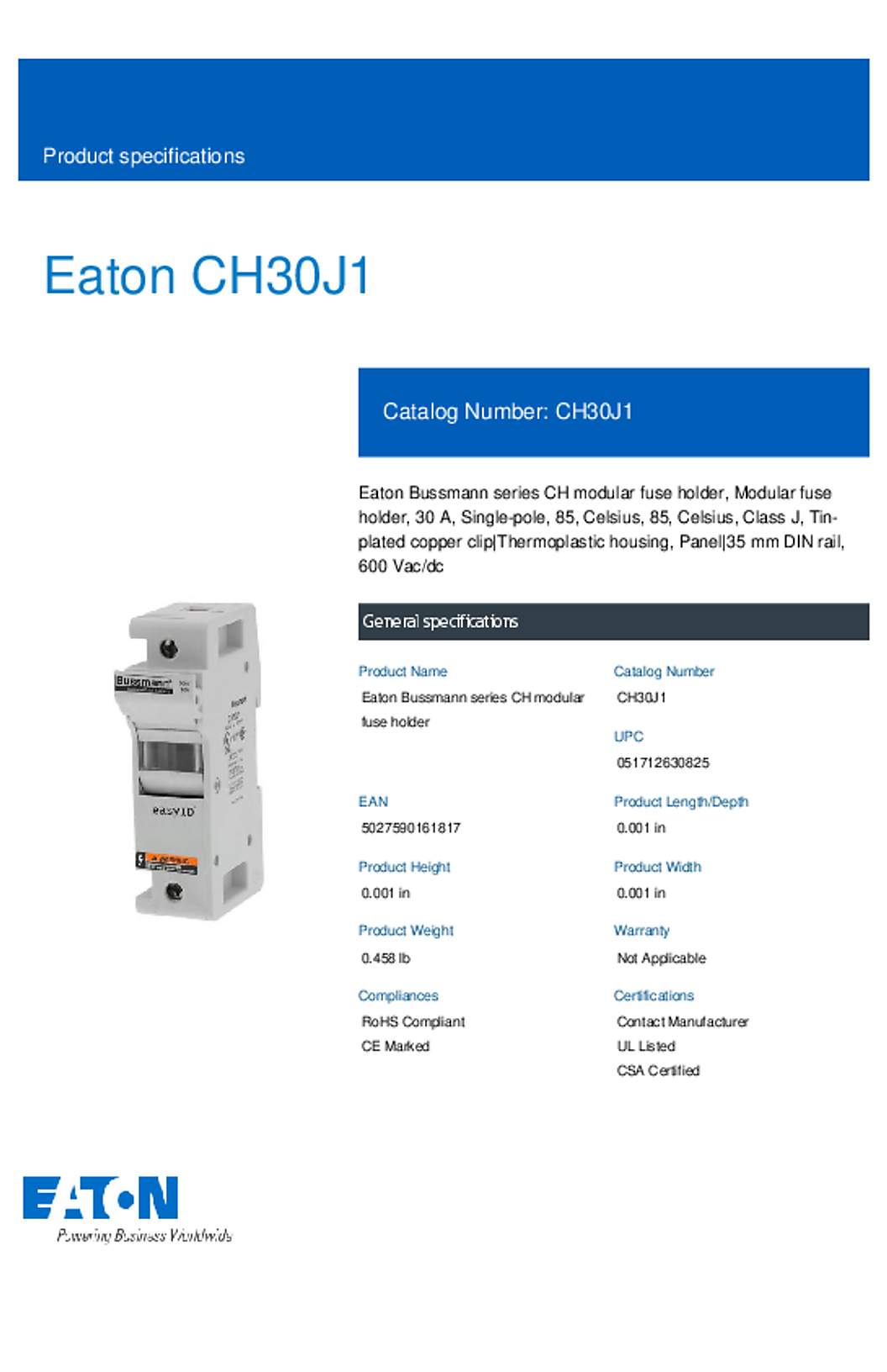 Bussmann CH30J1 Datasheet