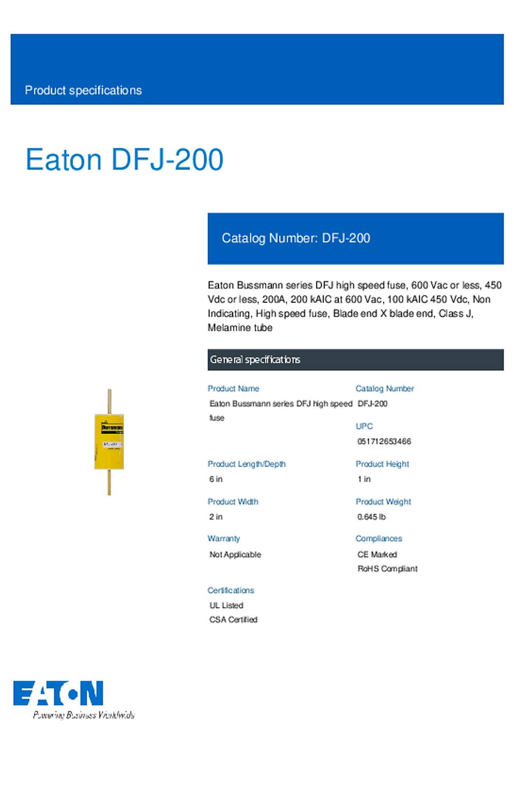 Bussmann DFJ-200 Datasheet