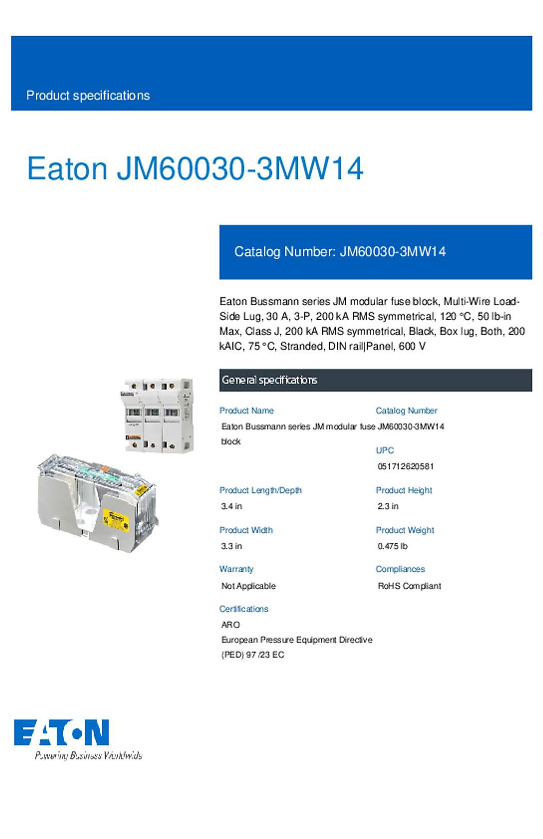Bussmann JM60030-3MW14 Datasheet