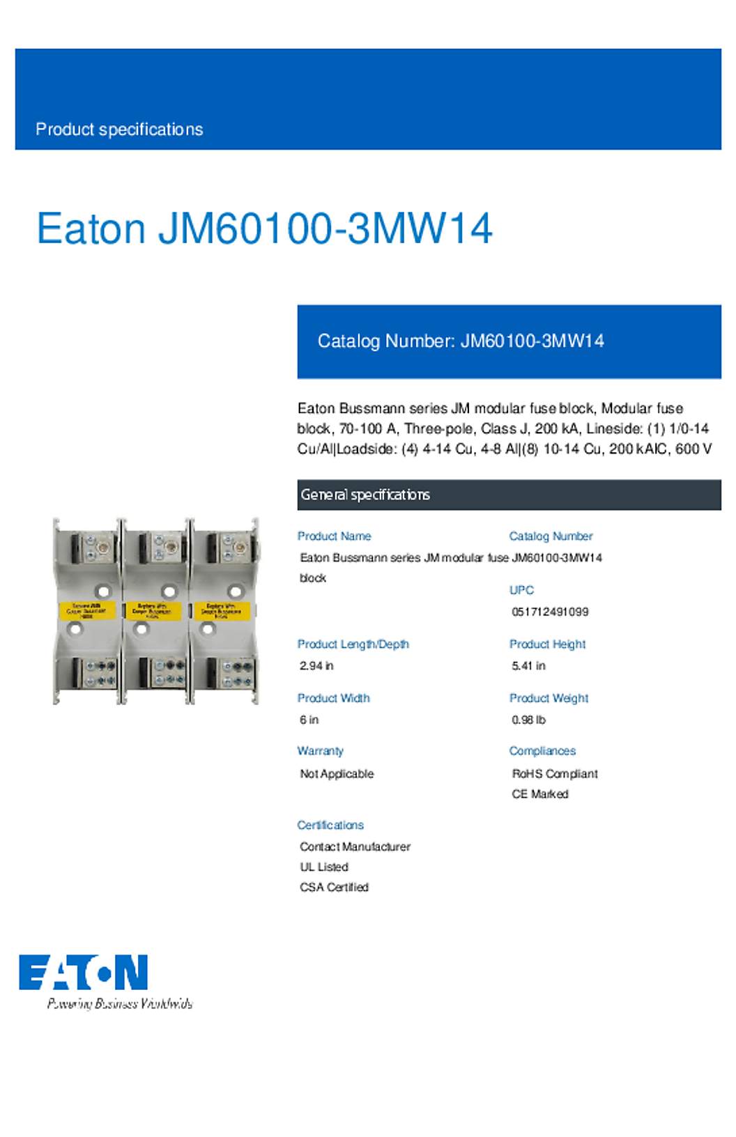 Bussmann JM60100-3MW14 Datasheet