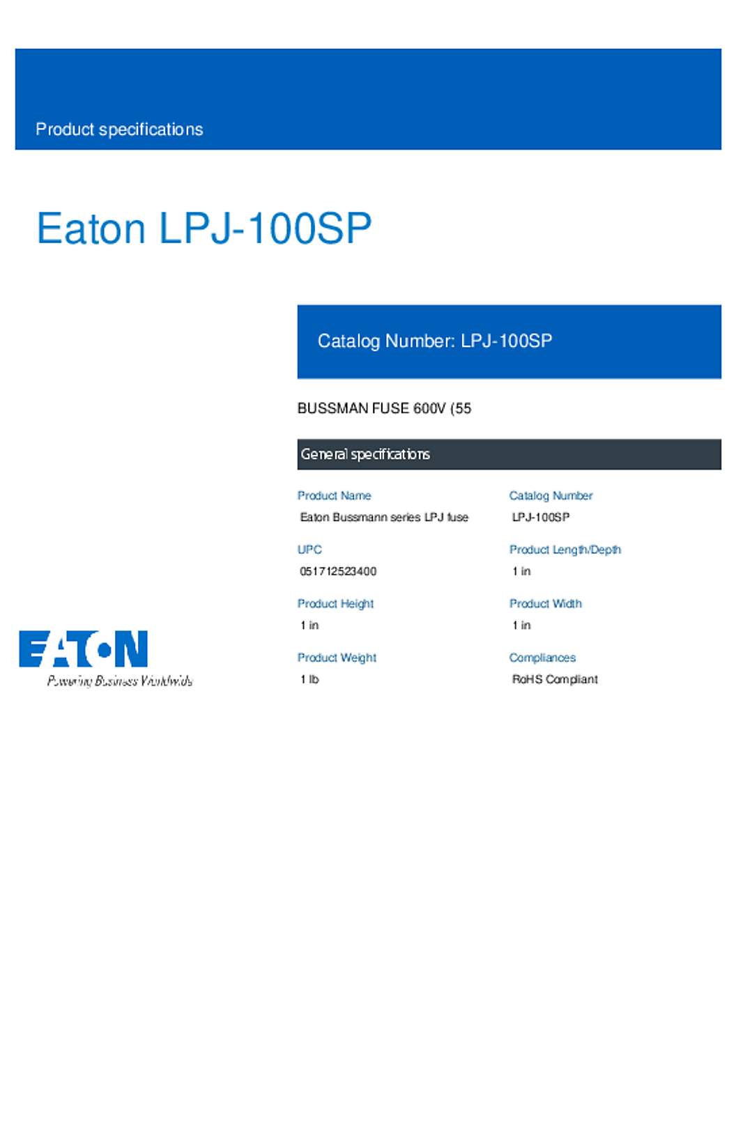 Bussmann LPJ-100SP Datasheet