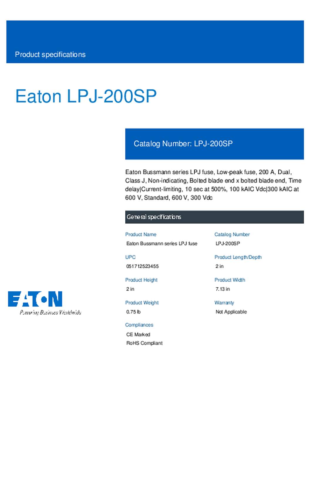Bussmann LPJ-200SP Datasheet