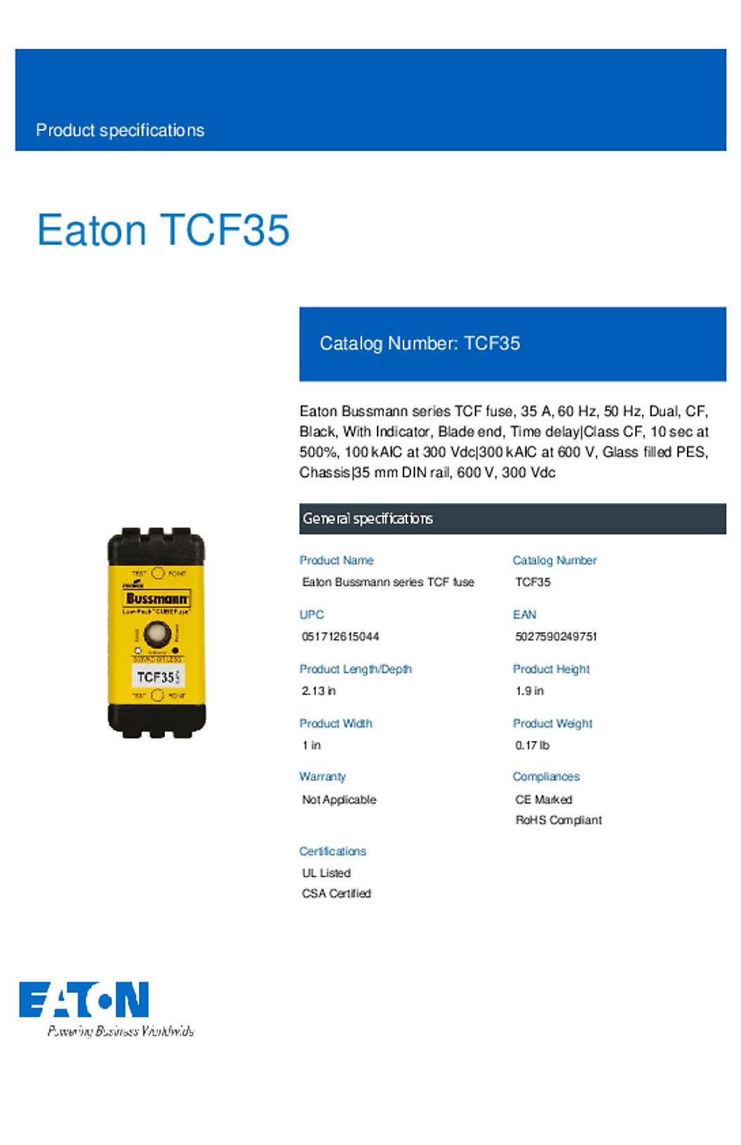 Bussmann TCF35 Datasheet