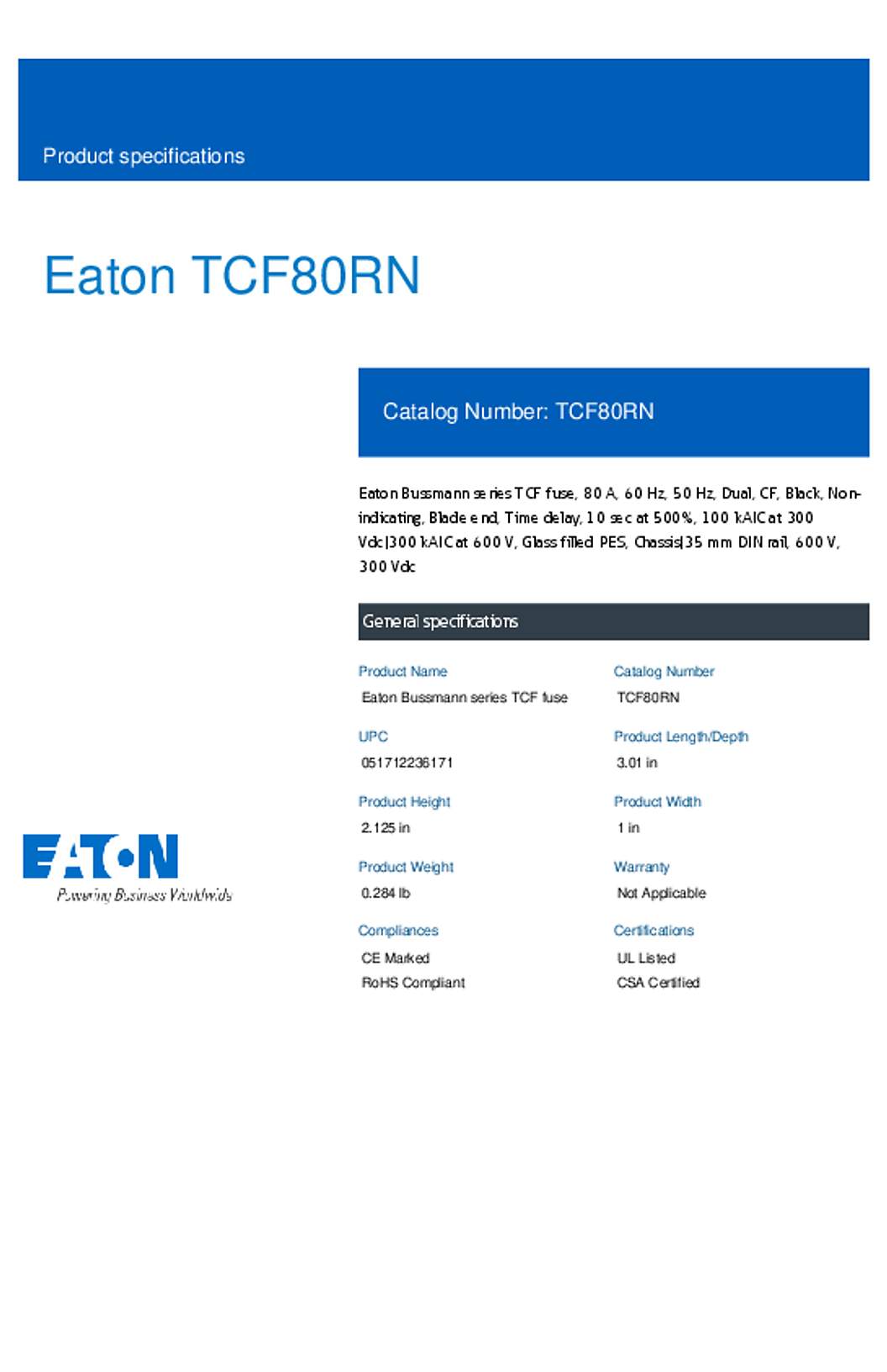 Bussmann TCF80RN Datasheet