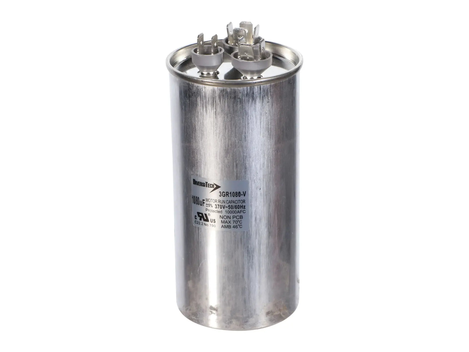 DiversiTech 3GR1080, Motor Run Capacitor, 370V, Round, 80+10µF