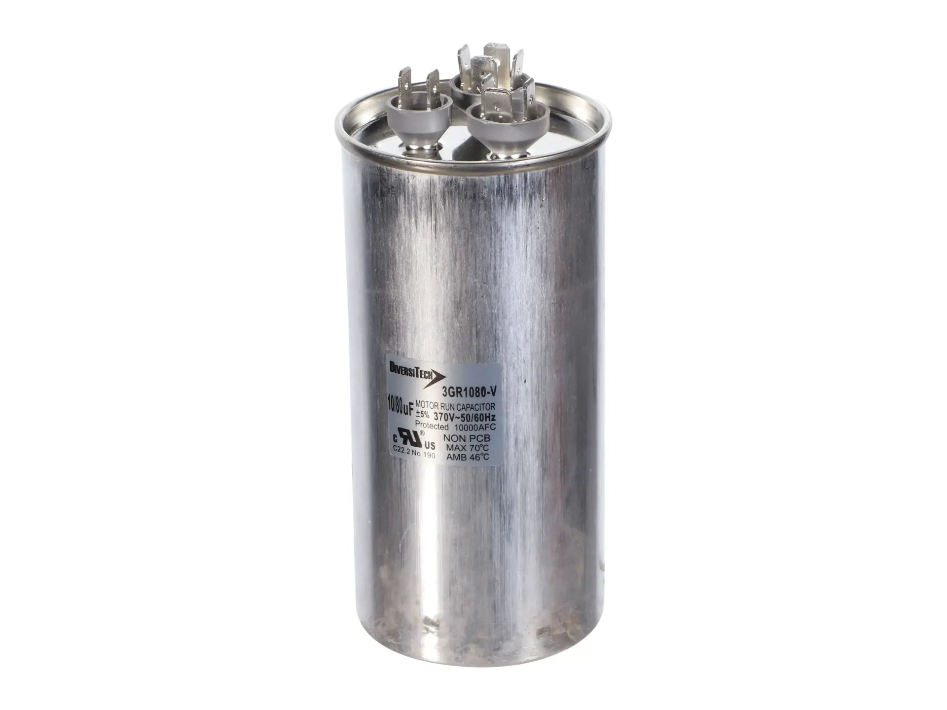 DiversiTech 3GR1080, Motor Run Capacitor, 370V, Round, 80+10µF