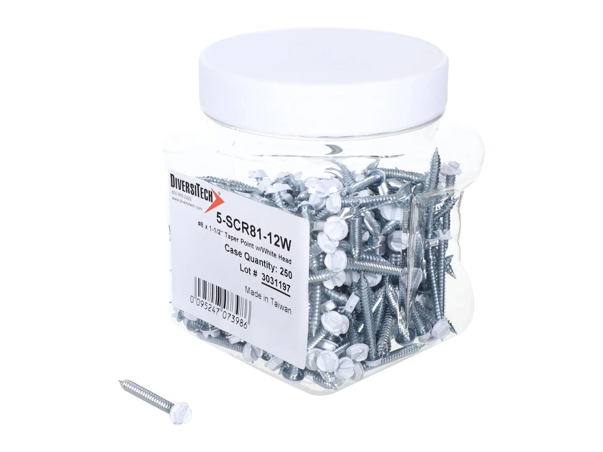 DiversiTech 5-SCR81-12W, Screw, 8 x 1-1/2 Taper Point, White Head, Pack Of 250