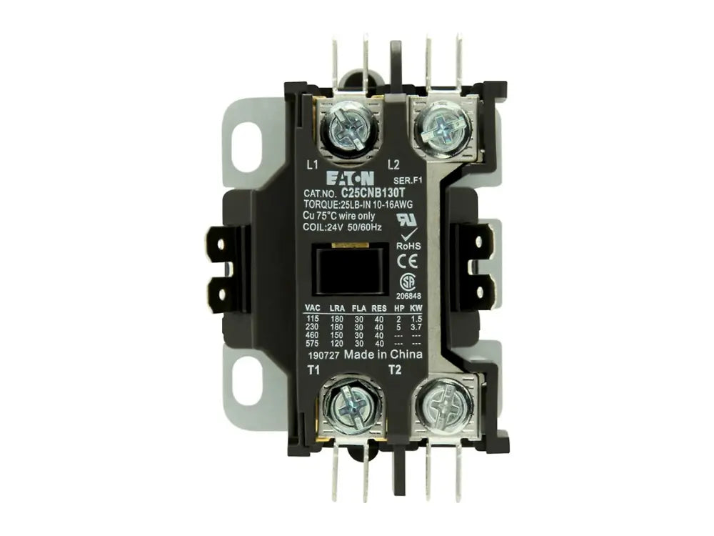 Eaton C25CNB130T, 1 Pole, 30A Contactor, 24VAC 50/60Hz, Non-Reversing, Definite Purpose