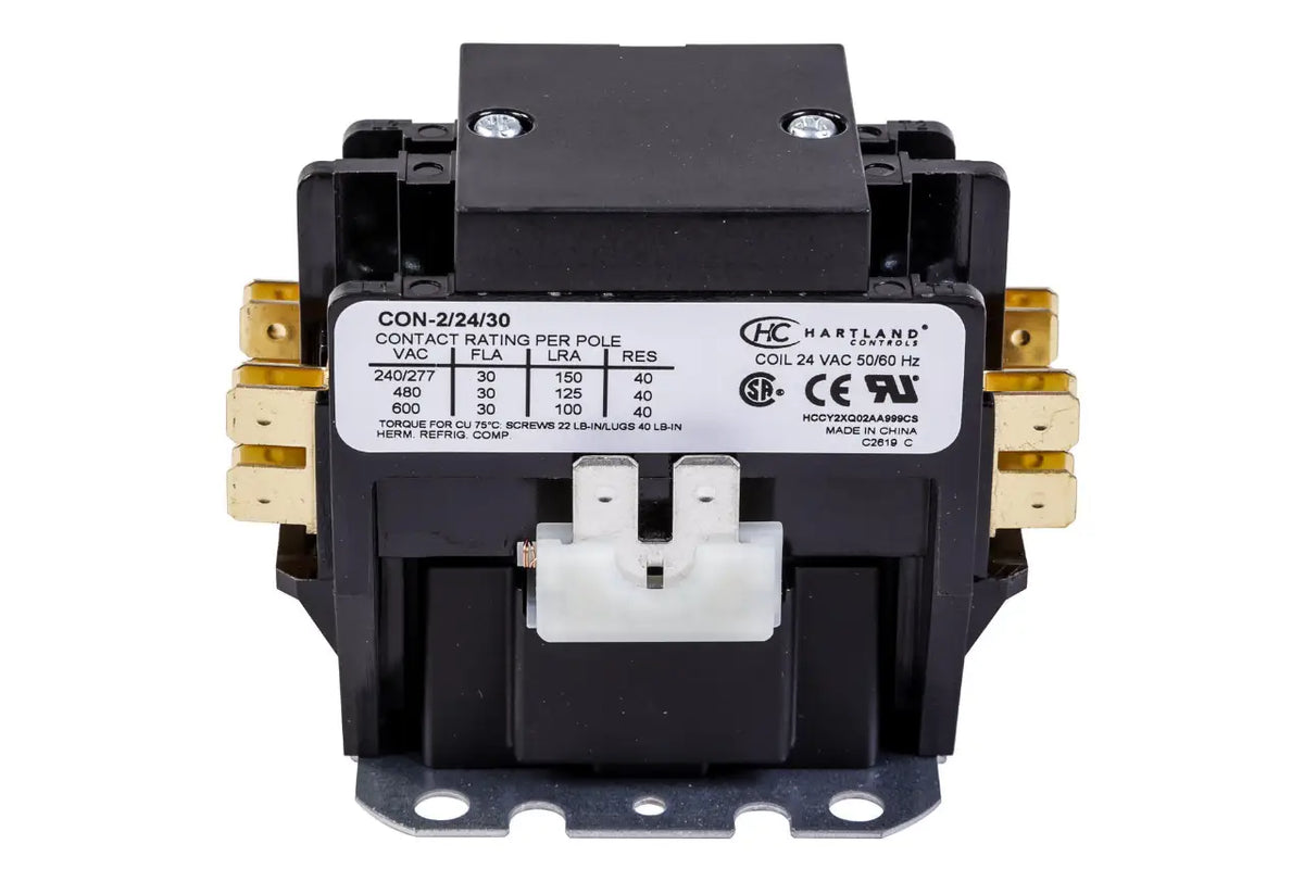 Hartland Controls CON-2/24/30, 2 Pole 24V 30A Contactor With Lugs