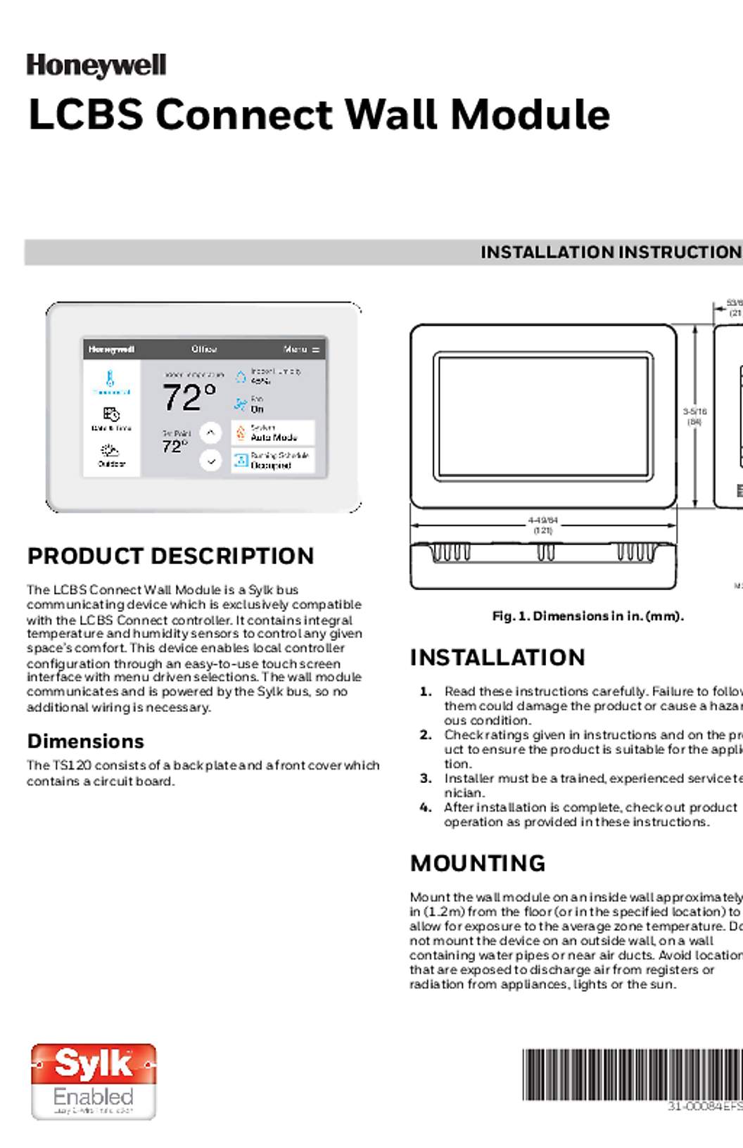 Honeywell 31-00084EFS—01 - LCBS Connect Wall Module