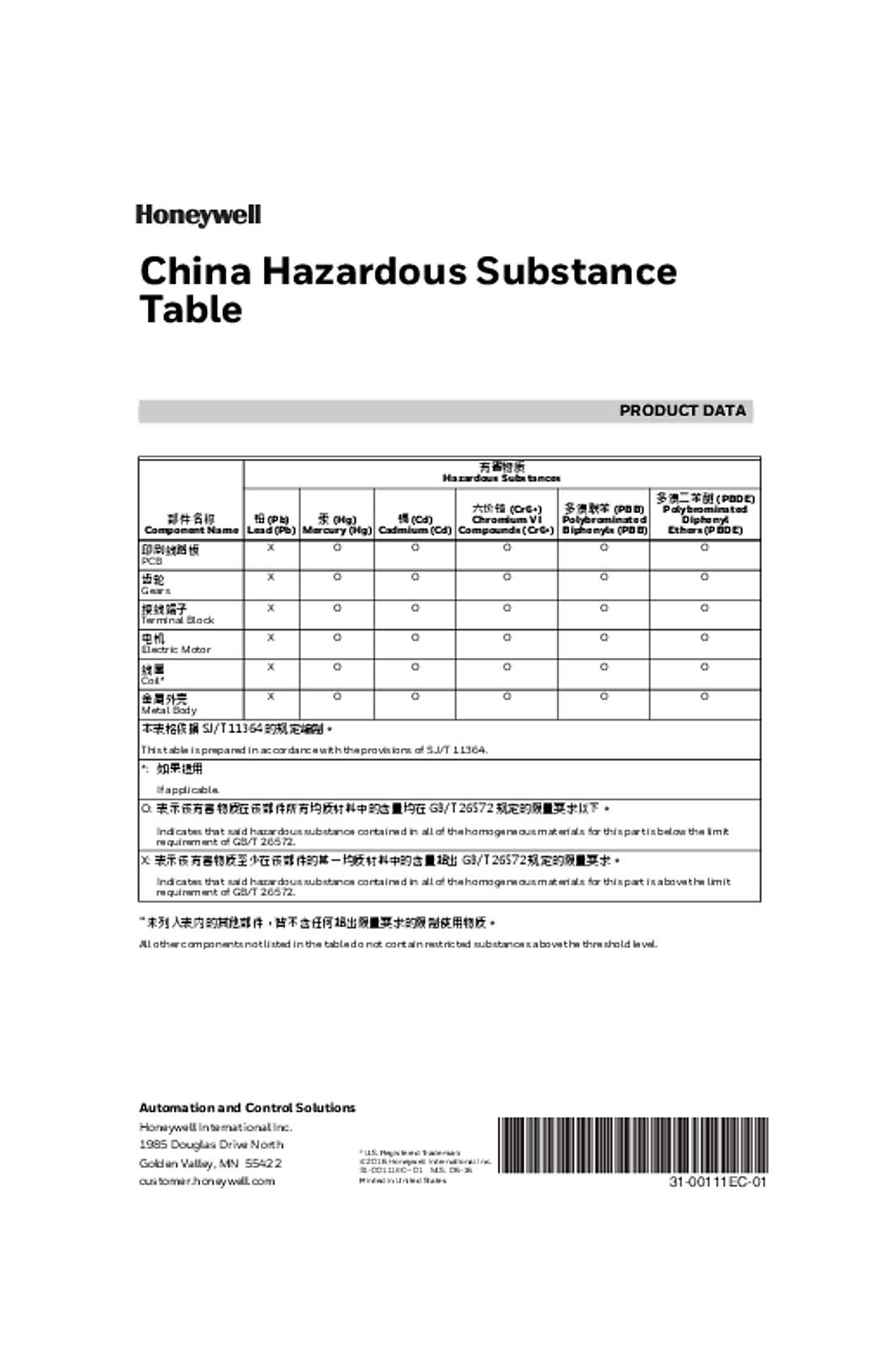 Honeywell 31-00111EC—01 - China Hazardous Substance Table