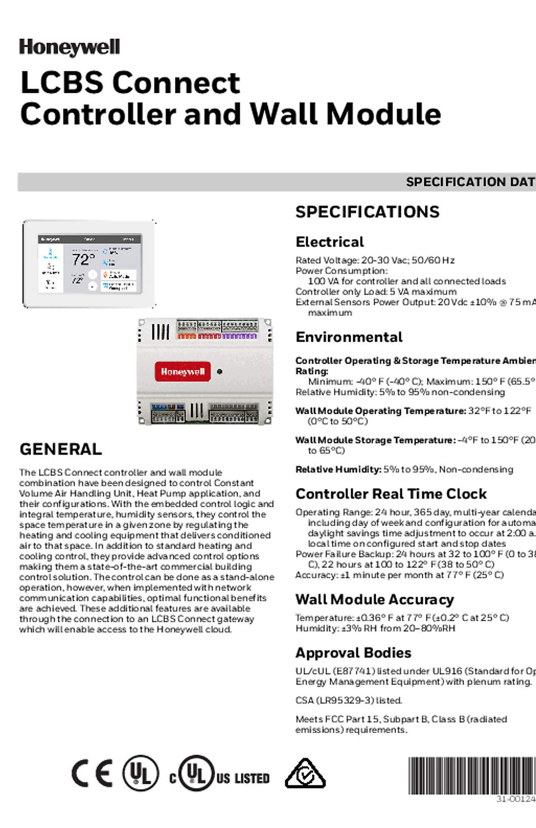 Honeywell 31-00124—01 - LCBS Connect Controller and Wall Module