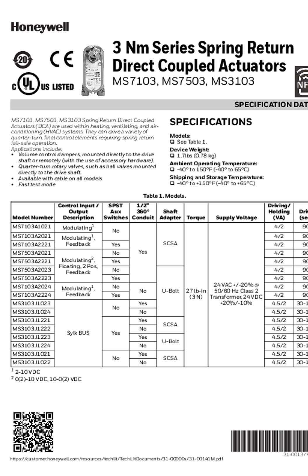 Honeywell 31-00137M—02 - 3 Nm Series Spring Return Direct Coupled Actuators
