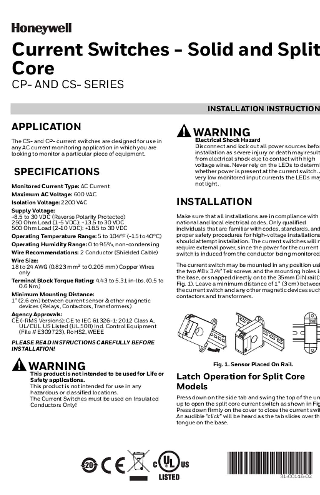 Honeywell 31-00146—02 - Current Switches - Solid and Split Core