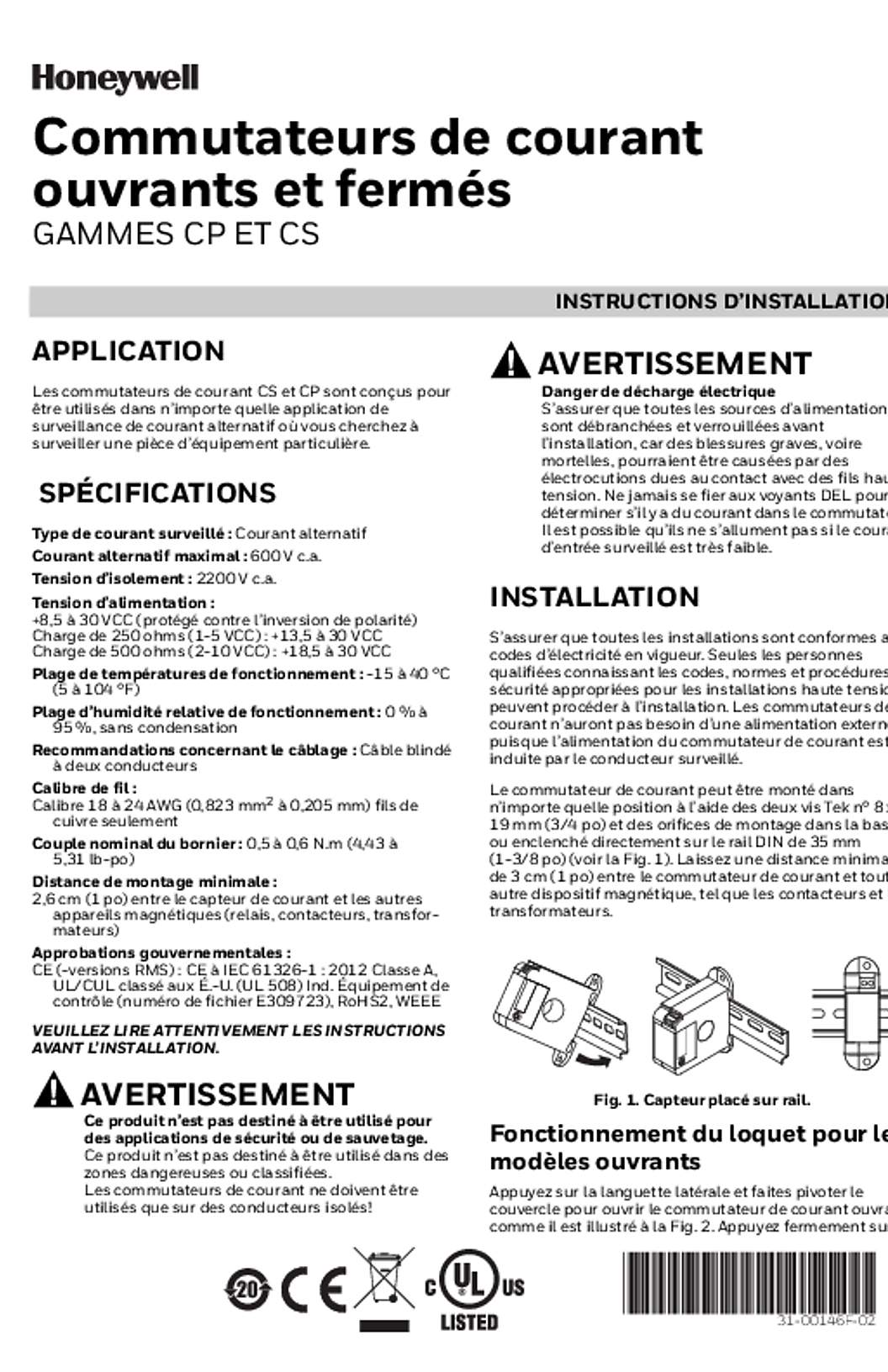 Honeywell 31-00146F—02 - Current Switches - Solid and Split Core