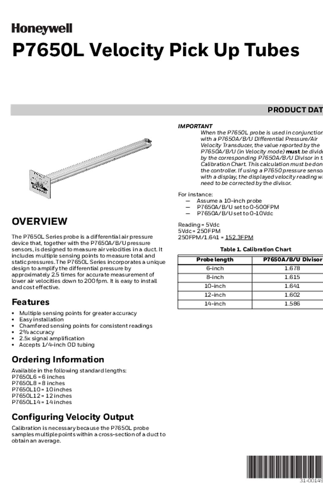 Honeywell 31-00149—01 - P7650L Velocity Pick Up Tubes
