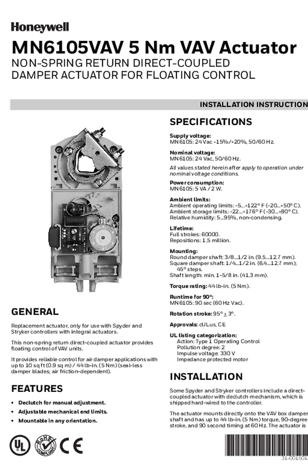Honeywell 31-00150EF—03 - MN6105VAV 5 Nm VAV Actuator