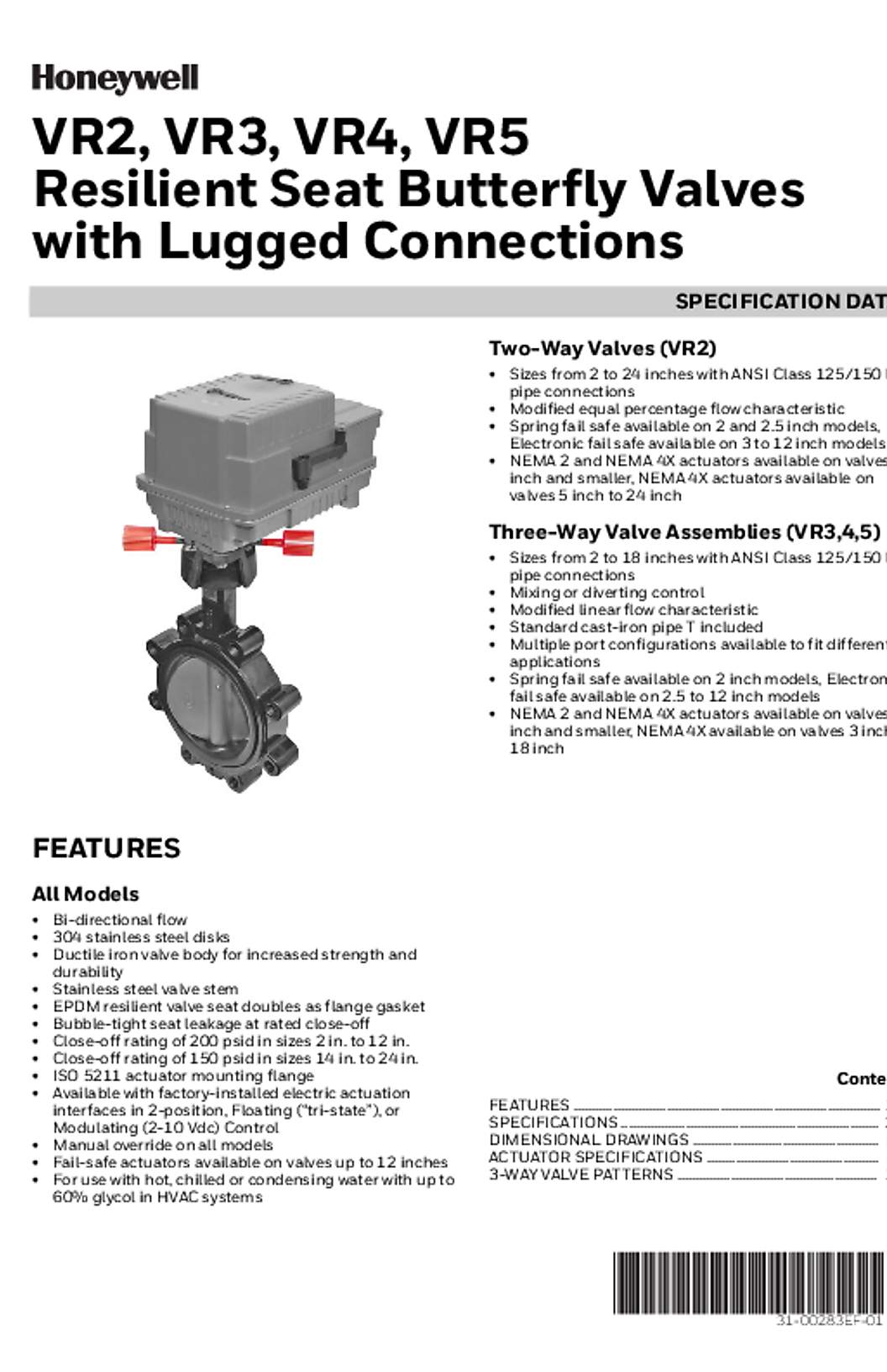 Honeywell 31-00283EF-01, Honeywell VR2, VR3, VR4, VR5, Resilient Seat Butterfly Valves with Lugged Connections Specification Data