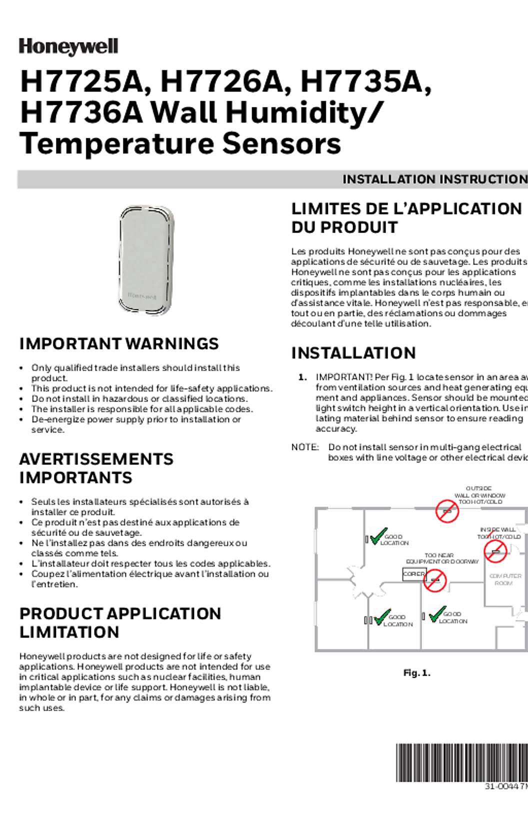 Honeywell H77Series Humidity Temperature Sensors SellSheet