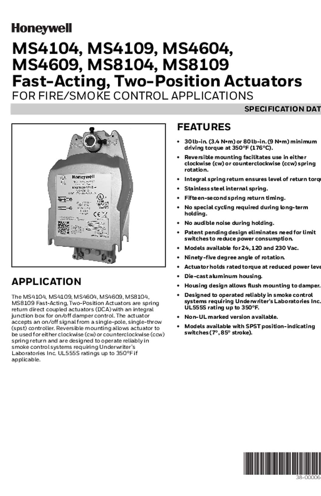 Honeywell 38-00006—05 - MS4104, MS4109, MS4604, MS4609, MS8104, MS8109 Fast-Acting, Two-Position Actuators