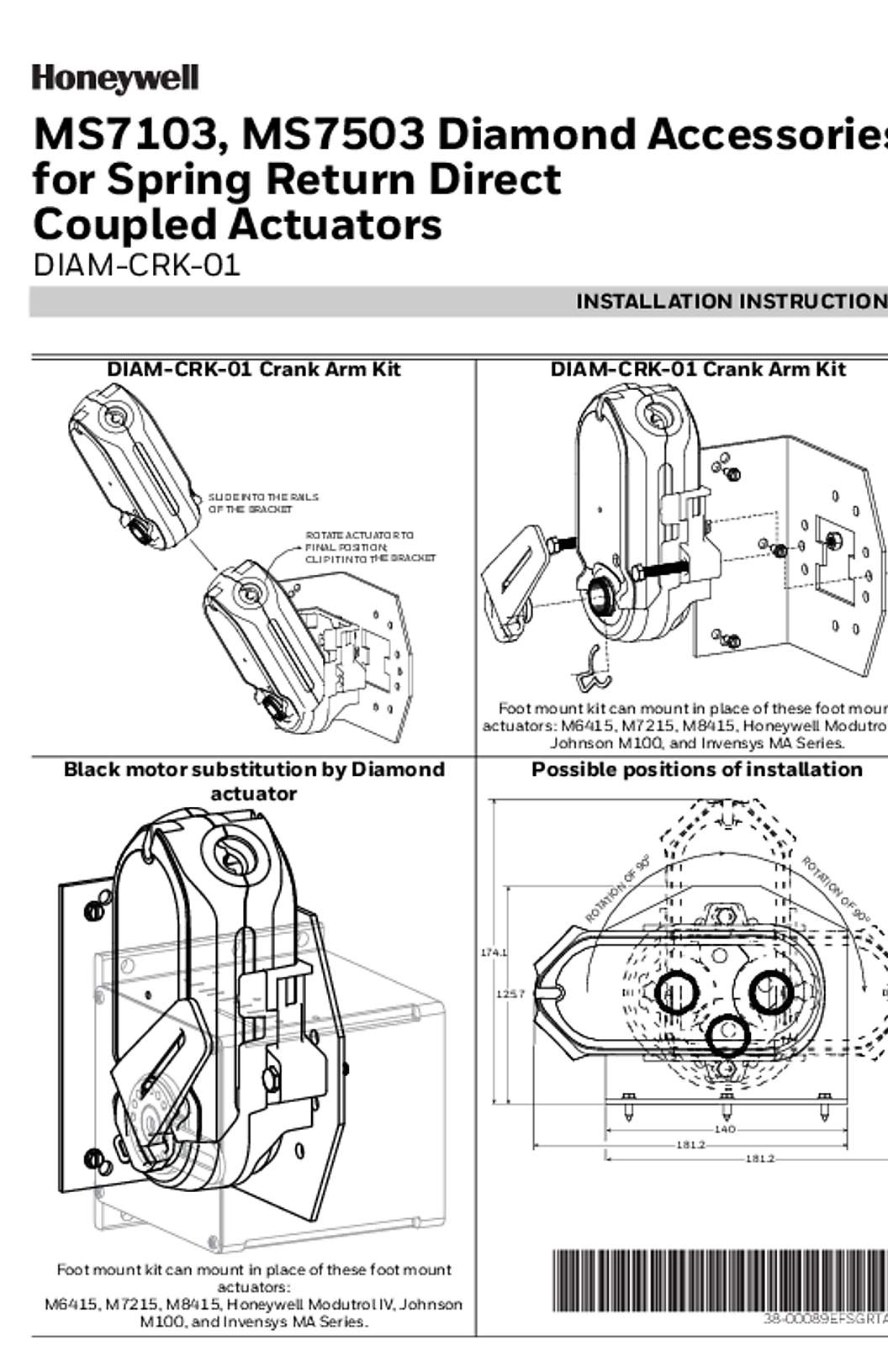 Honeywell 38-00089EFSGRTA—02 - MS7103, MS7503 Diamond Accessories for Spring Return Direct Coupled Actuators