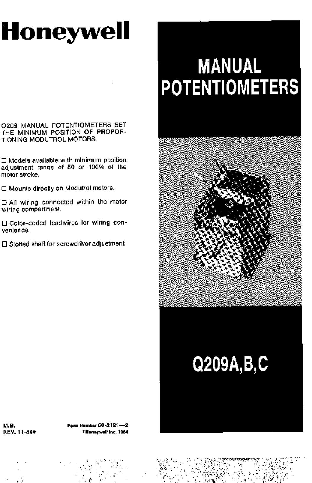 Honeywell Product Data for Q209A, Q209B, Q209C Manual Potentiometer (English)