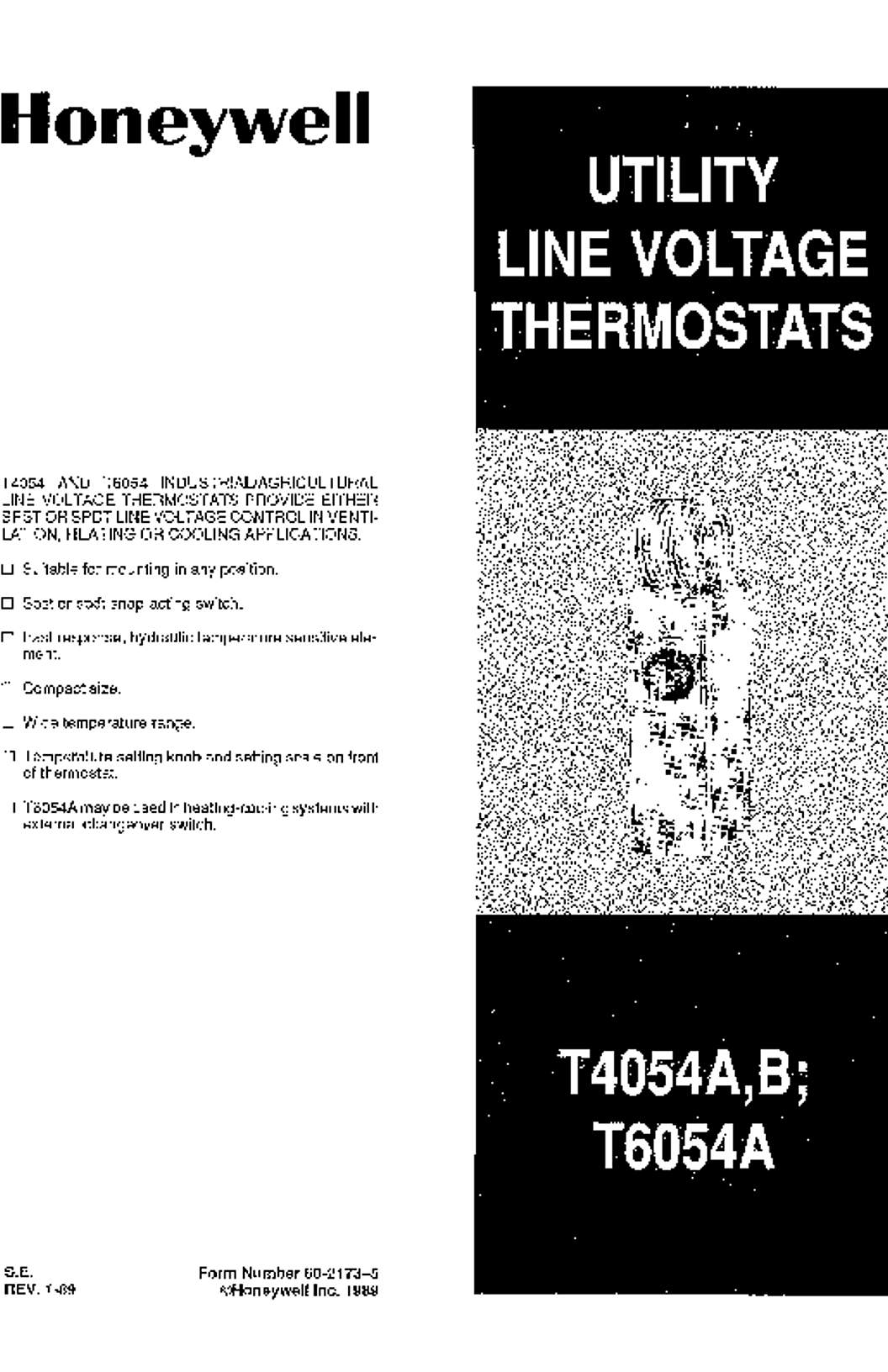 Honeywell T4054A,B; T6054A UTILITY LINE VOLTAGE THERMOSTATS