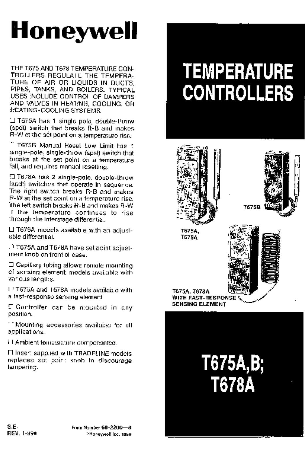 Honeywell 60-2200 - T675A,B; T678A Temperature Controllers