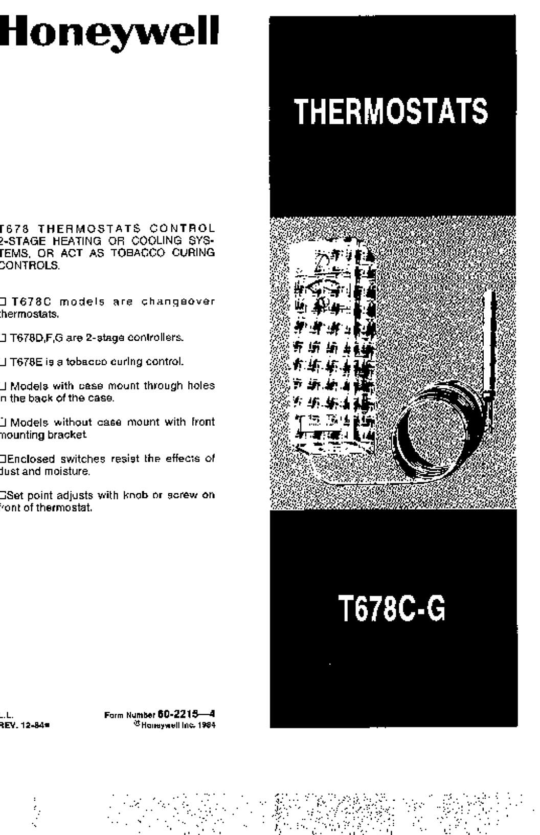 Honeywell Product Data for T678C, T678D, T678E, T678F, T678G Thermostats (English)