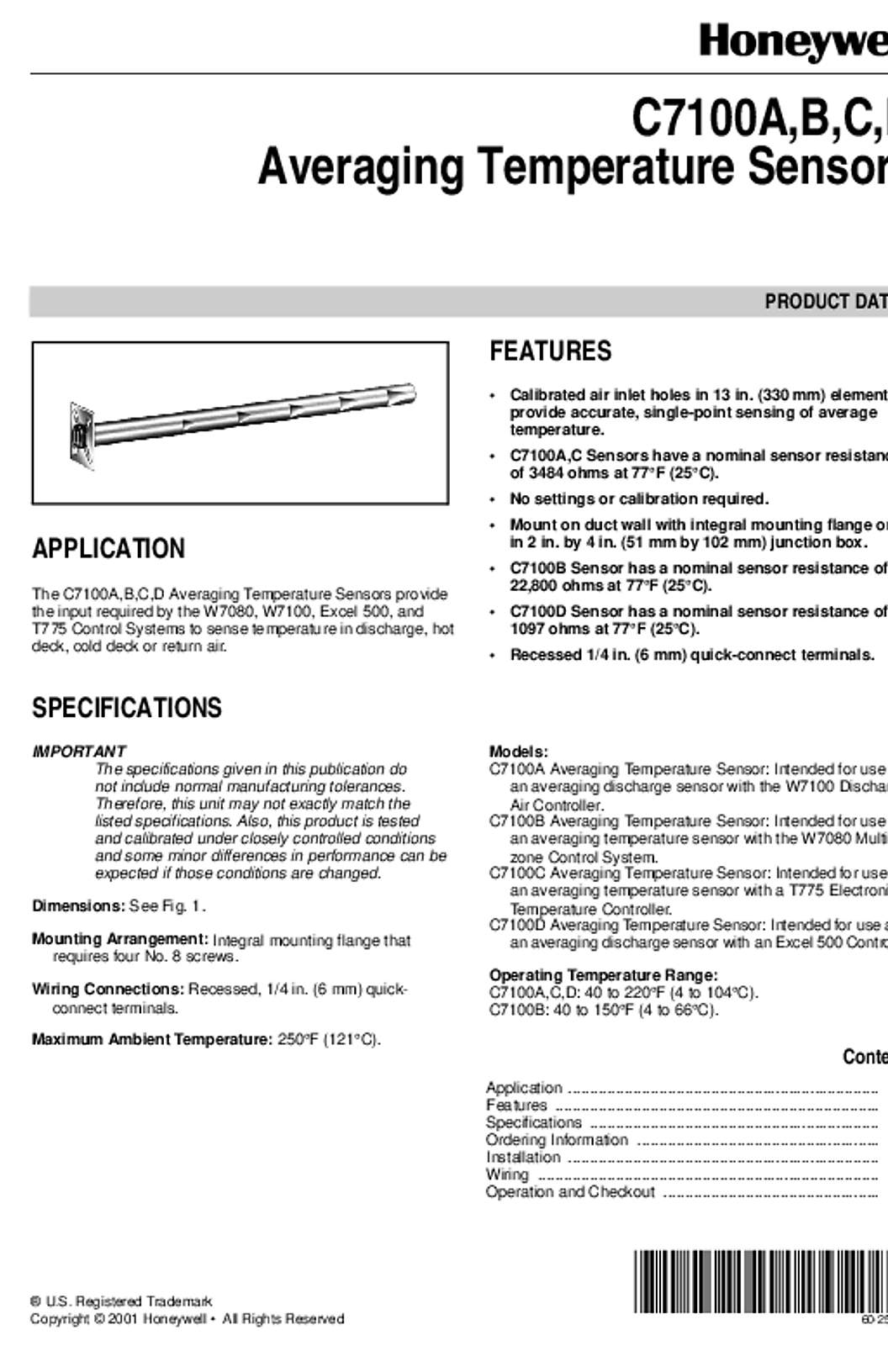 Honeywell C7100A,B,C,D Averaging Temperature Sensors