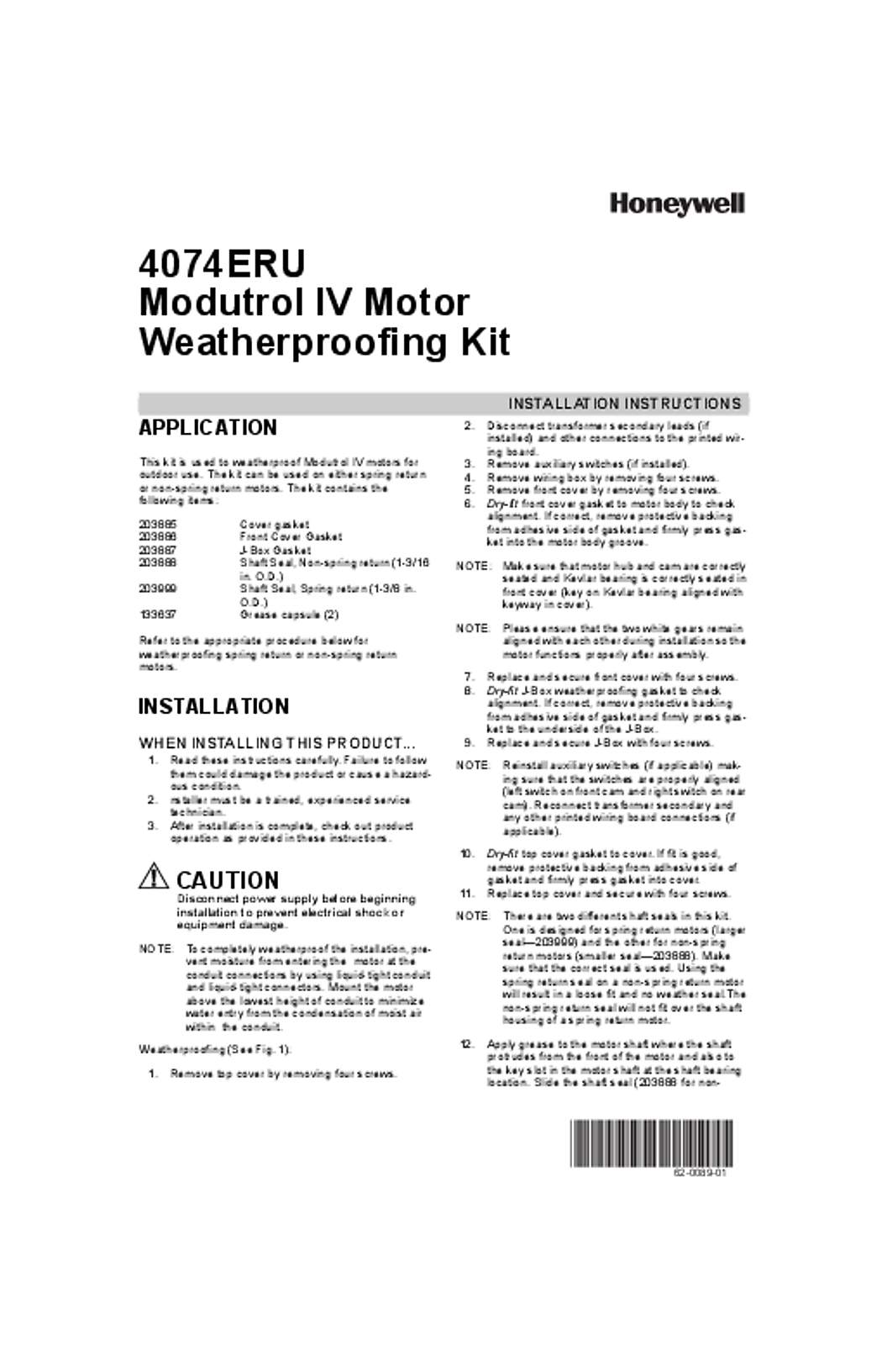 Honeywell 62-0089_A 4074ERU Modutrol IV Motor Weatherproofing Kit