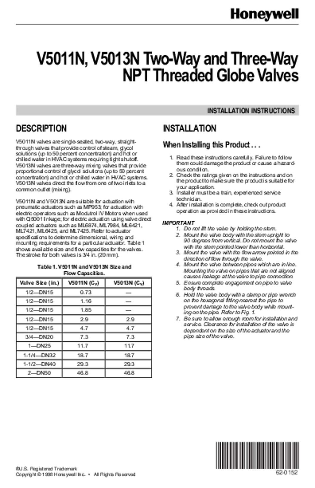 Honeywell 62-0152 - V5011N,V5013N Two-Way and Three-Way NPT Threaded Globe Valves