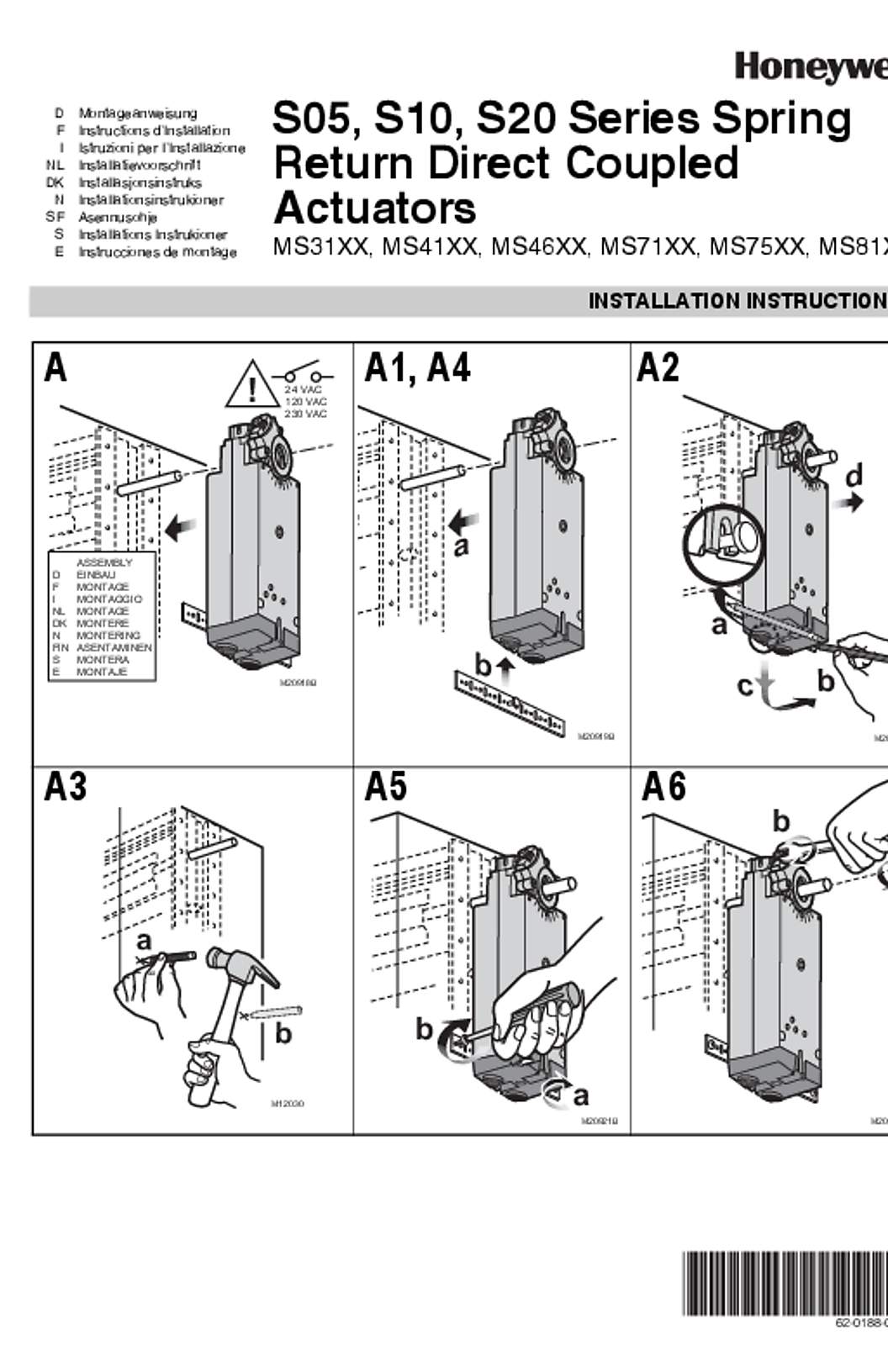 Honeywell 62-0188—09 - S05, S10, S20 Series Spring Return Direct Coupled Actuators