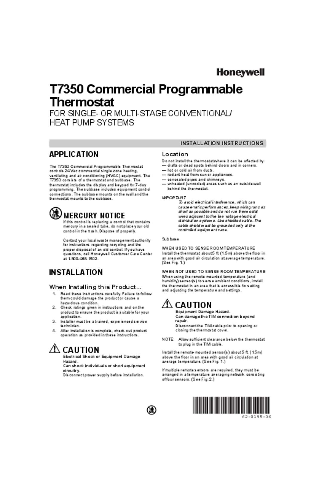 Honeywell 62-0195_B: T7350 Commercial Programmable Thermostat