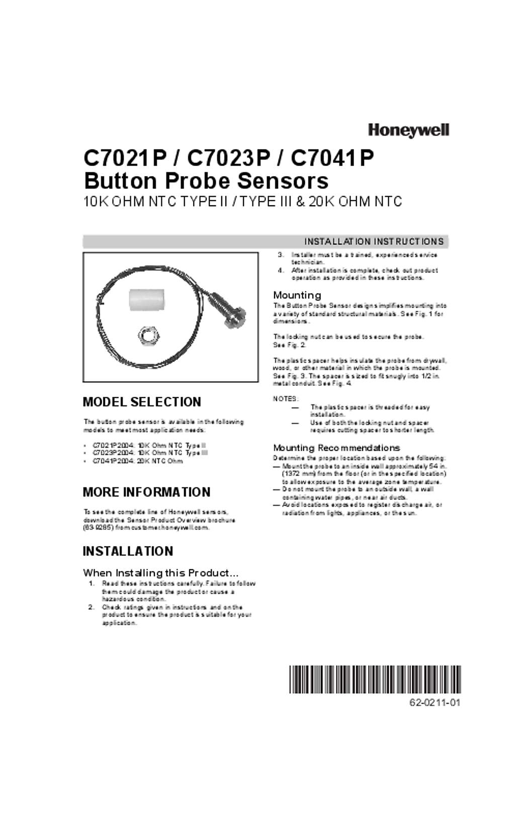 Honeywell 62-0211—01 - C7021P / C7023P / C7041P Button Probe Sensors