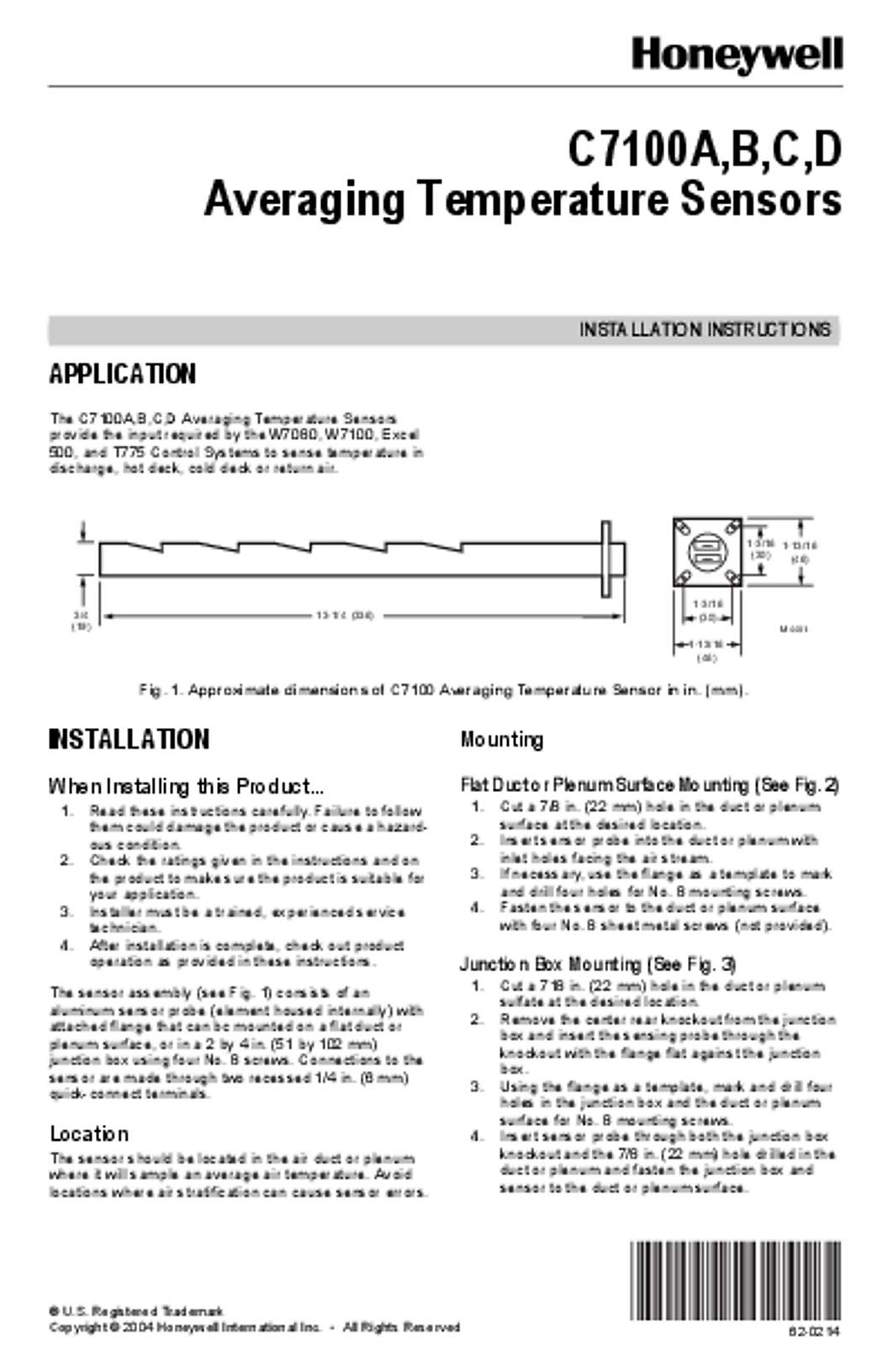Honeywell 62-0214 - C7100A,B,C,D Averaging Temperature Sensors