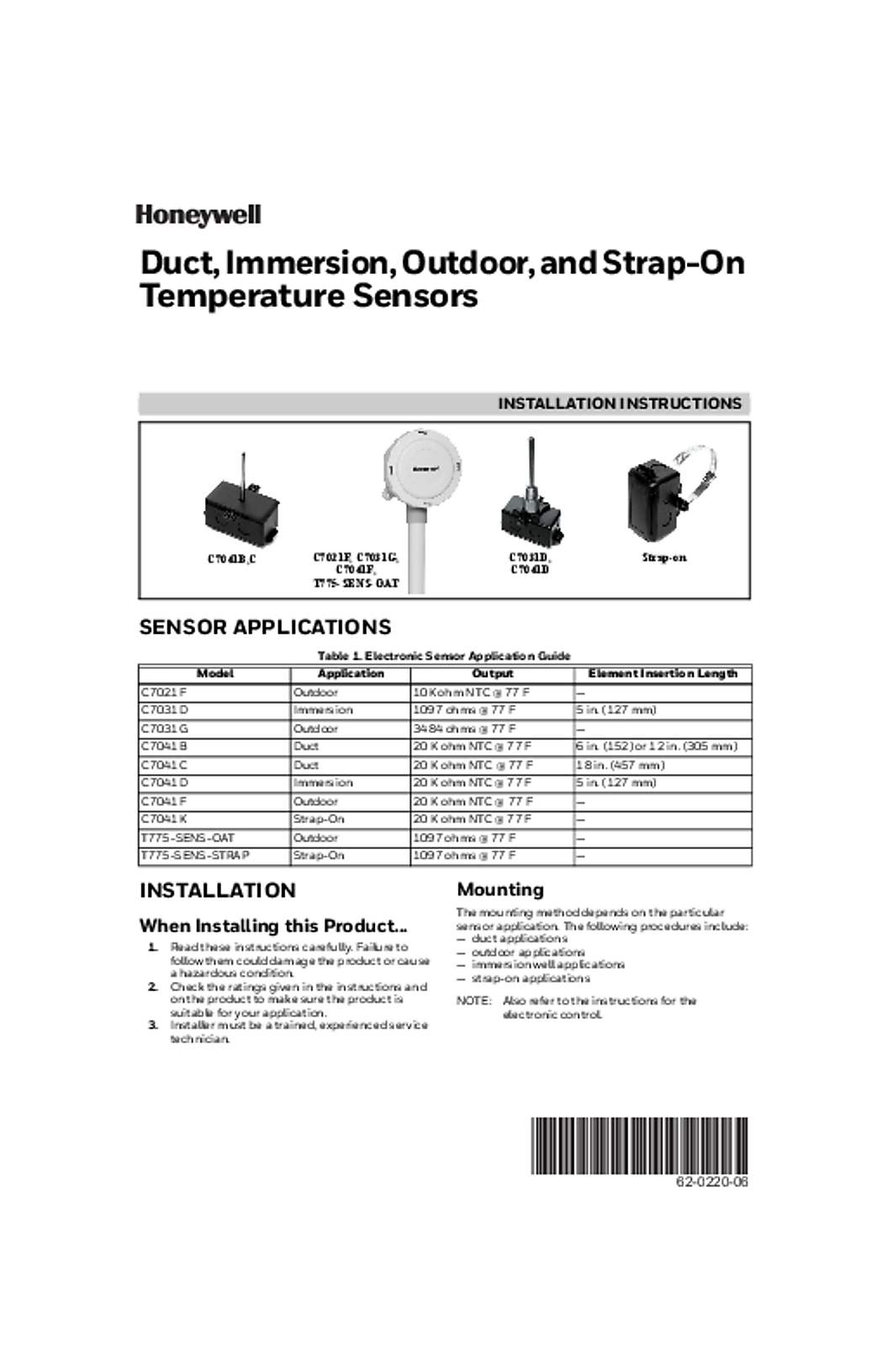 Honeywell 62-0220—06 - Duct, Immersion, Outdoor, and Strap-On Temperature Sensors