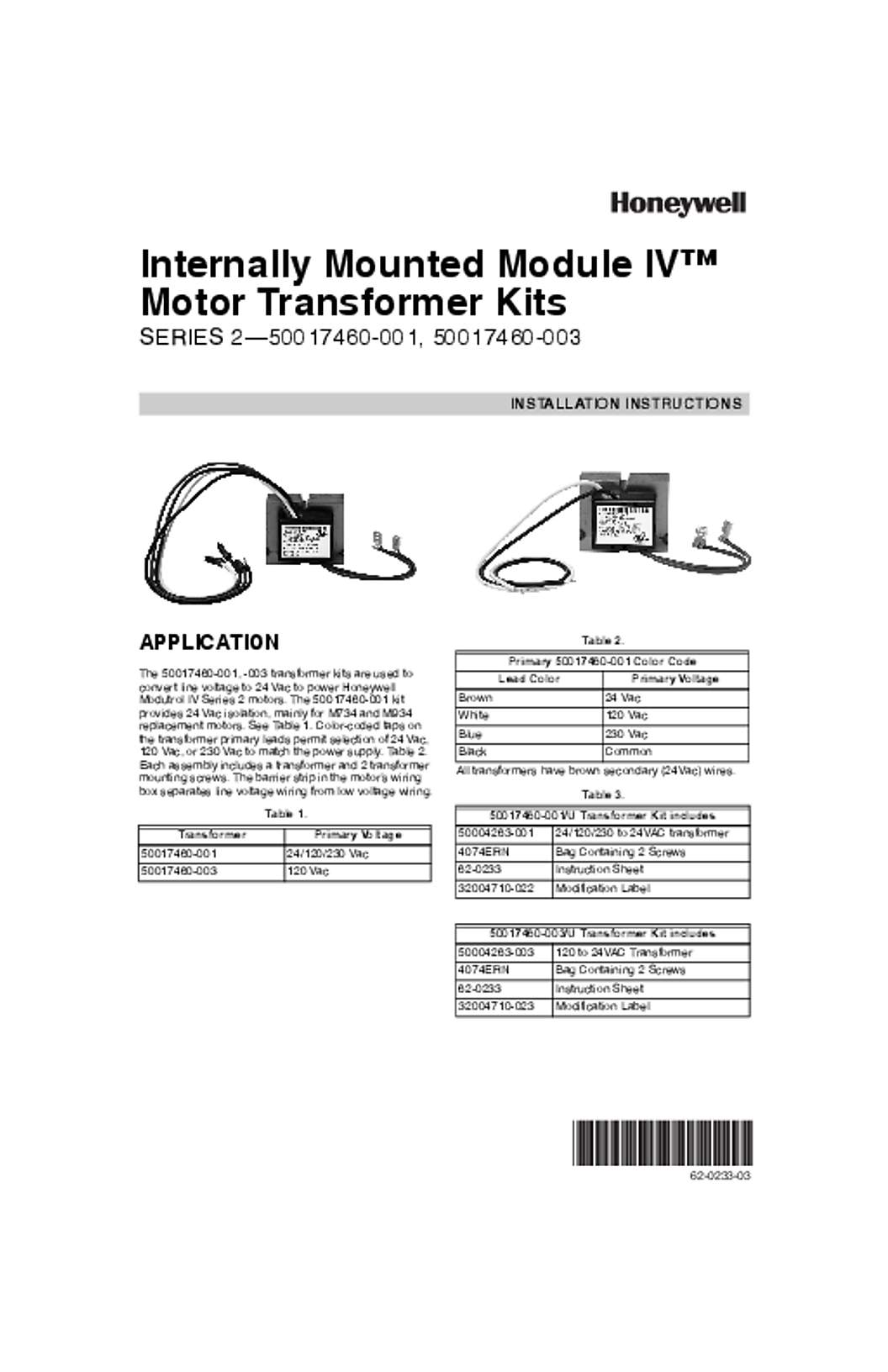 Honeywell 62-0233—03 - Internally Mounted Module IV™ Motor Transformer Kits