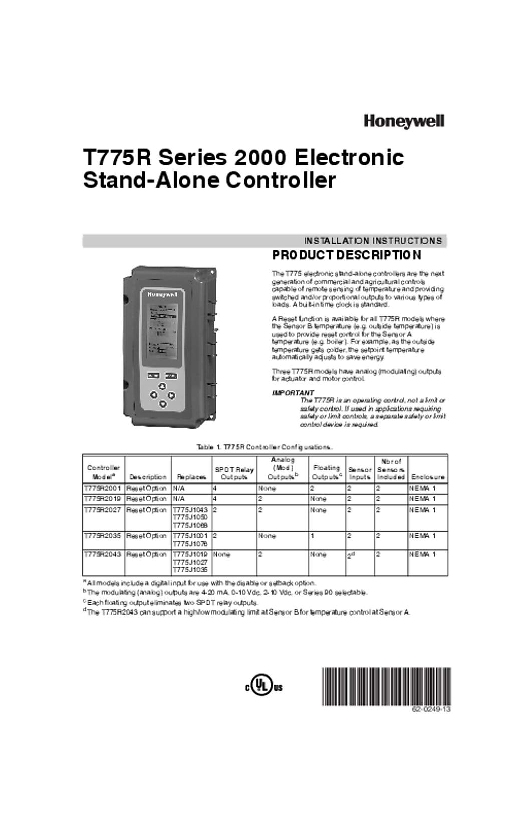 Honeywell 62-0249—13 - T775R Series 2000 Electronic Stand-Alone Controller