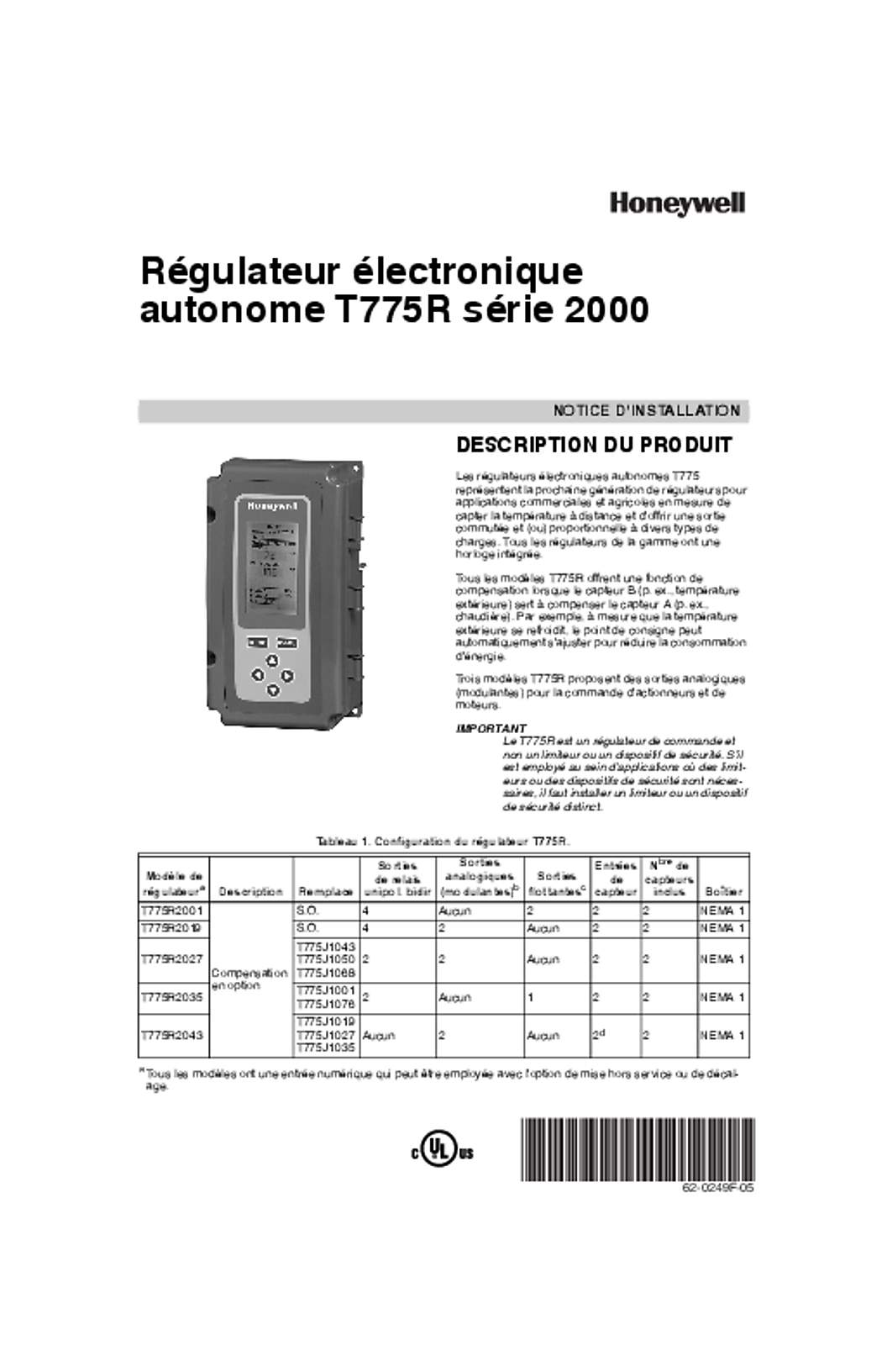 Honeywell 62-0249F—05 - Régulateur électronique autonome T775R série 2000