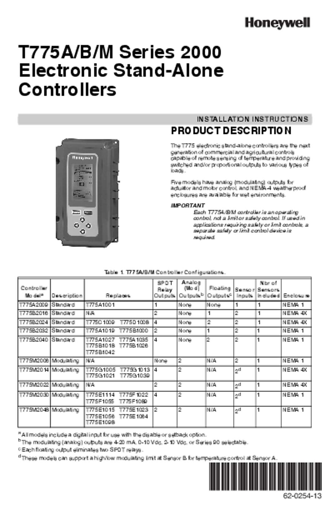 Honeywell 62-0254—13 - T775A/B/M Series 2000 Electronic Stand-Alone Controllers