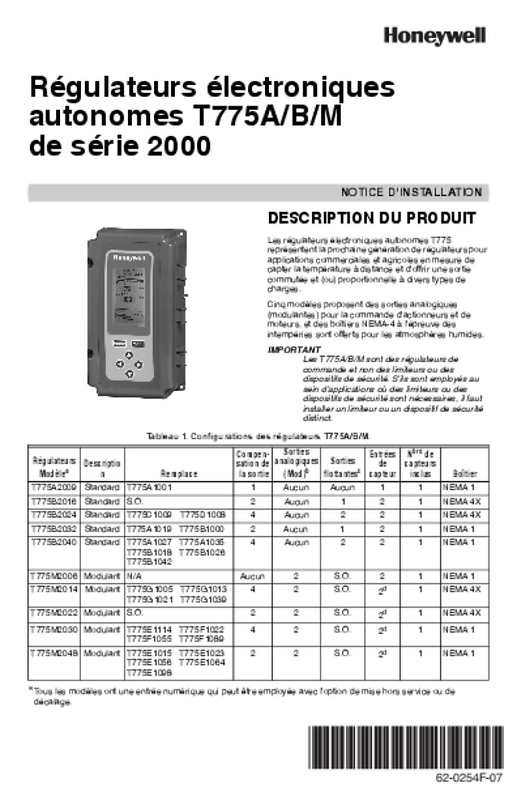 Honeywell 62-0254F—07 - Régulateurs électroniques autonomes T775A/B/M de série 2000